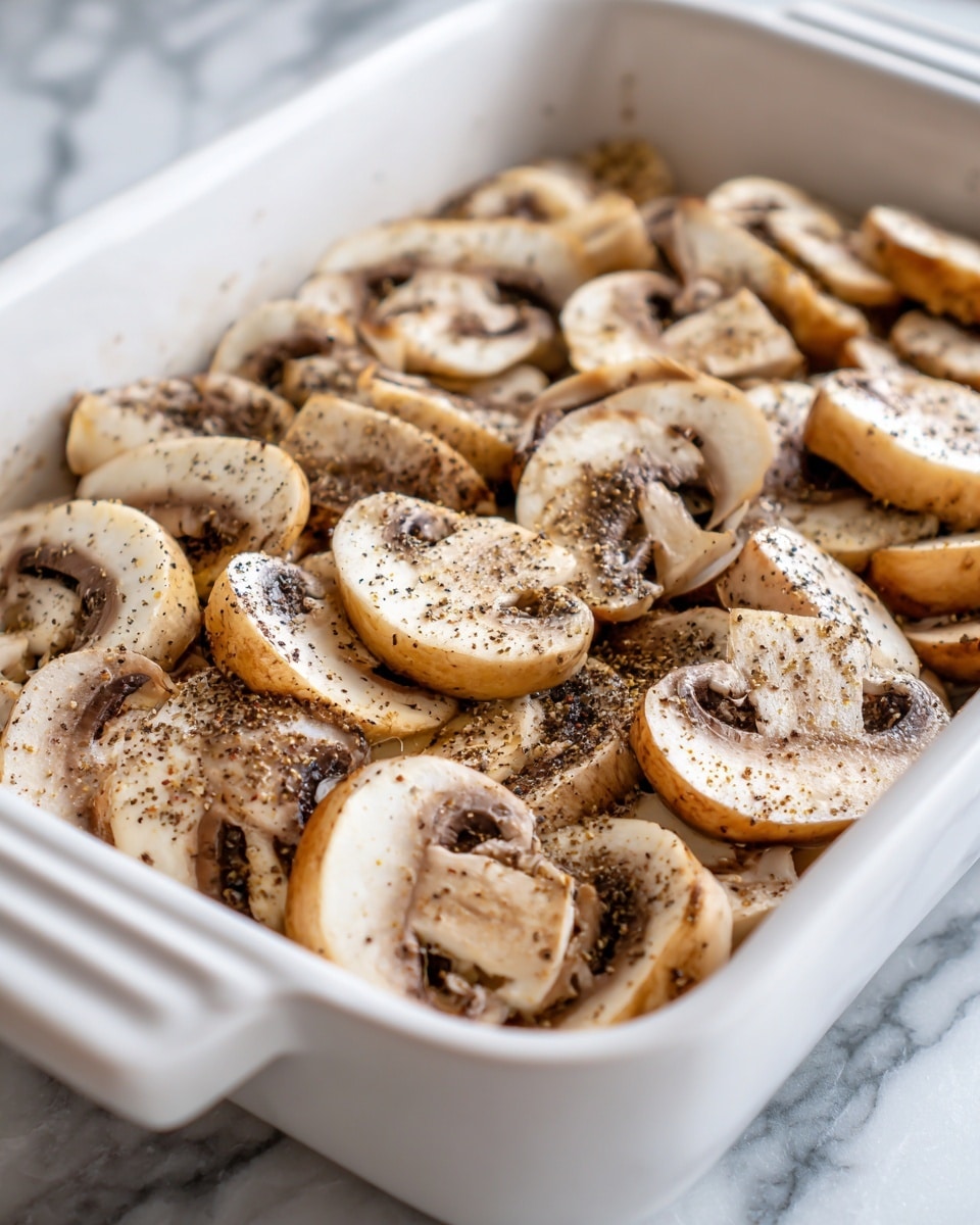 The image shows a white rectangular ceramic dish filled with several layers of sliced brown mushrooms spread evenly across it. The mushrooms have light brown caps and creamy white undersides with dark gills. There is a dusting of ground black pepper and a light seasoning spread on top of the mushrooms, giving parts of the surface a slightly darker texture. The dish is placed on a white marbled surface. photo taken with an iphone --ar 4:5 --v 7