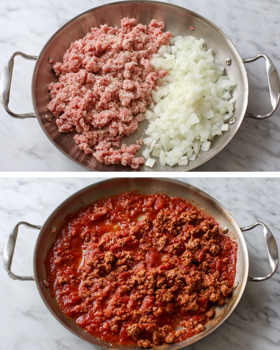 The first part of the image shows a top view of a stainless steel pan with raw ground meat and chopped white onions side by side on a white marbled surface. The ground meat is pink with some darker spots of seasoning, and the onions are white and evenly chopped. In the second part, the same pan now holds cooked meat sauce with a rich red tomato base, showing a mix of finely crumbled brown meat and a thick, simmered texture spread evenly across the pan, still sitting on the white marbled surface. photo taken with an iphone --ar 4:5 --v 7