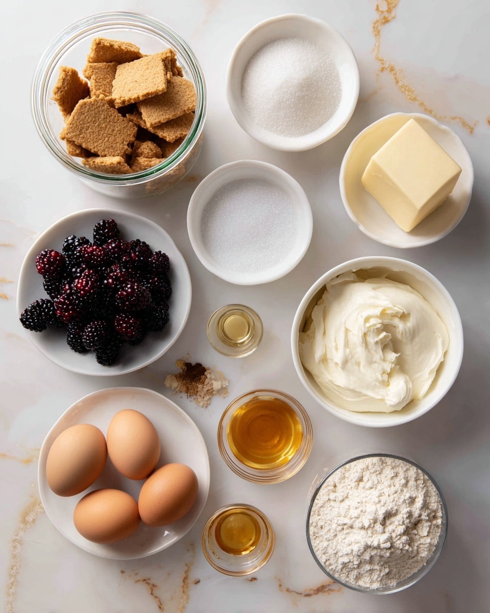 A slice of cheesecake is shown on a white plate against a white marbled background. The cheesecake has three clear layers: a crumbly light brown base, a thick creamy white middle, and a glossy dark purple berry topping with visible whole berries that drip slightly onto the plate. A silver fork with some berry sauce on its prongs lies next to the slice, smeared on the plate. photo taken with an iphone --ar 4:5 --v 7