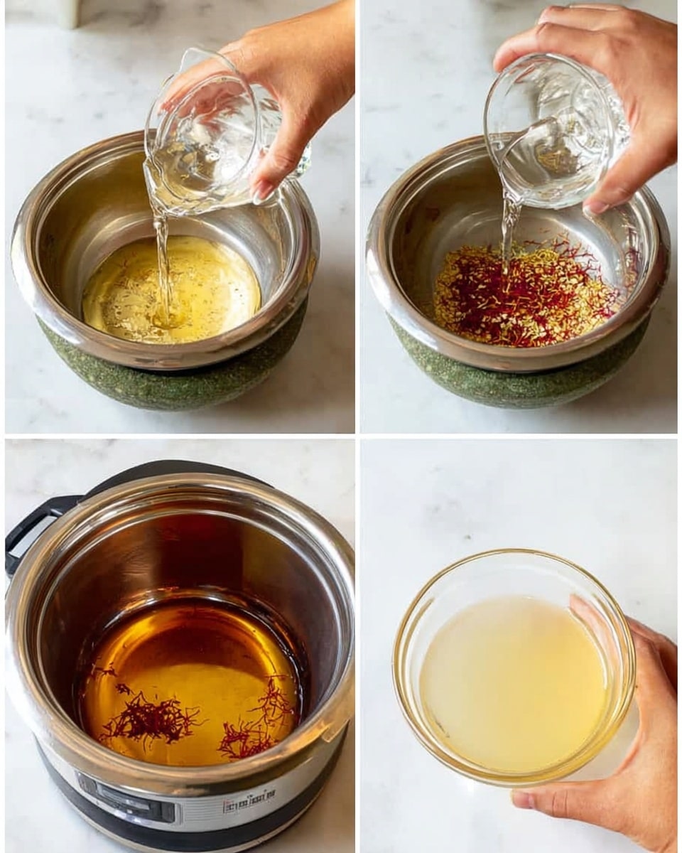 The image shows four close-up shots of a metal bowl on a white marbled surface, each picture capturing a different step of mixing ingredients. In the first layer, a woman’s hand pours a clear liquid into the metal bowl containing yellowish powder with red strands in it. The second layer shows the inside of a green stone mortar with spices, with the metal bowl below filled with an amber liquid. The third layer focuses on the metal bowl placed inside an electric cooker, showing the amber liquid but without the hand. In the fourth layer, a woman’s hand holds a clear glass bowl of light yellowish liquid, about to pour it into the metal bowl with the amber liquid and red strands. photo taken with an iphone --ar 4:5 --v 7