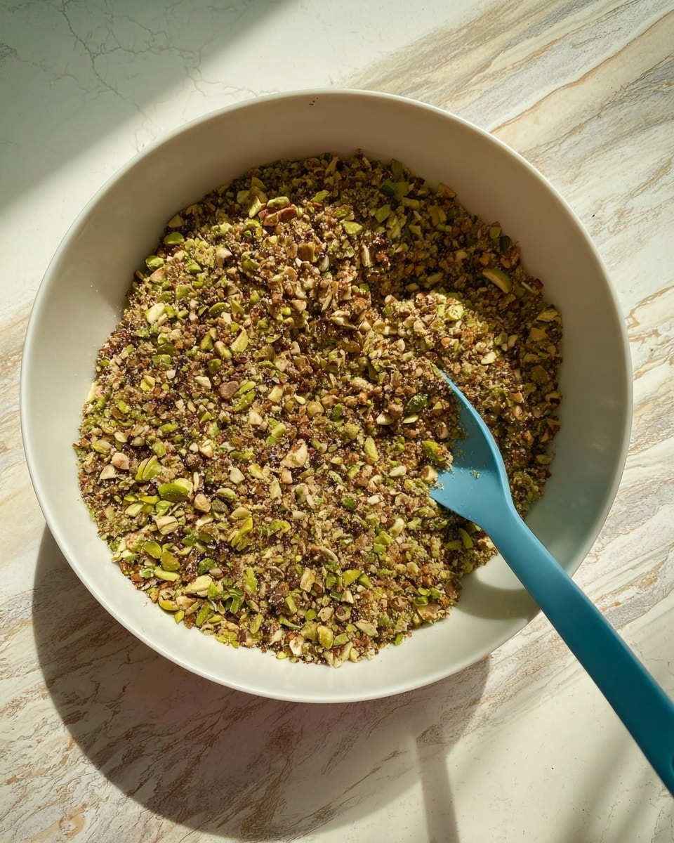 The image shows a white bowl filled mostly with finely chopped green and brown mixed nuts, forming one thick layer that covers almost the entire bowl. A blue spoon is placed inside the bowl towards the right side, partially resting on the nuts. The bowl sits on a surface with a white marbled texture, and sunlight creates soft shadows on the edges of the bowl and spoon. photo taken with an iphone --ar 4:5 --v 7