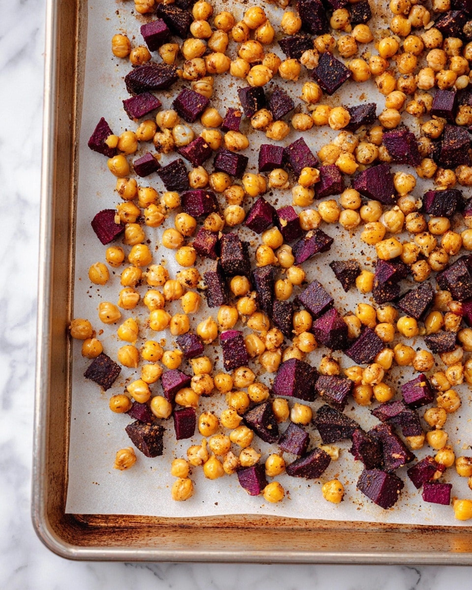 The image shows a baking tray lined with light beige parchment paper with roasted chickpeas and small, dark purple and slightly charred cubes of roasted beetroot scattered evenly across the surface. The chickpeas are golden brown with some darker spots, giving a toasted look, while the beetroot cubes have a rough, slightly crispy texture. The tray edges frame the food with a brushed metal finish, all set on a white marbled texture surface. Photo taken with an iphone --ar 4:5 --v 7