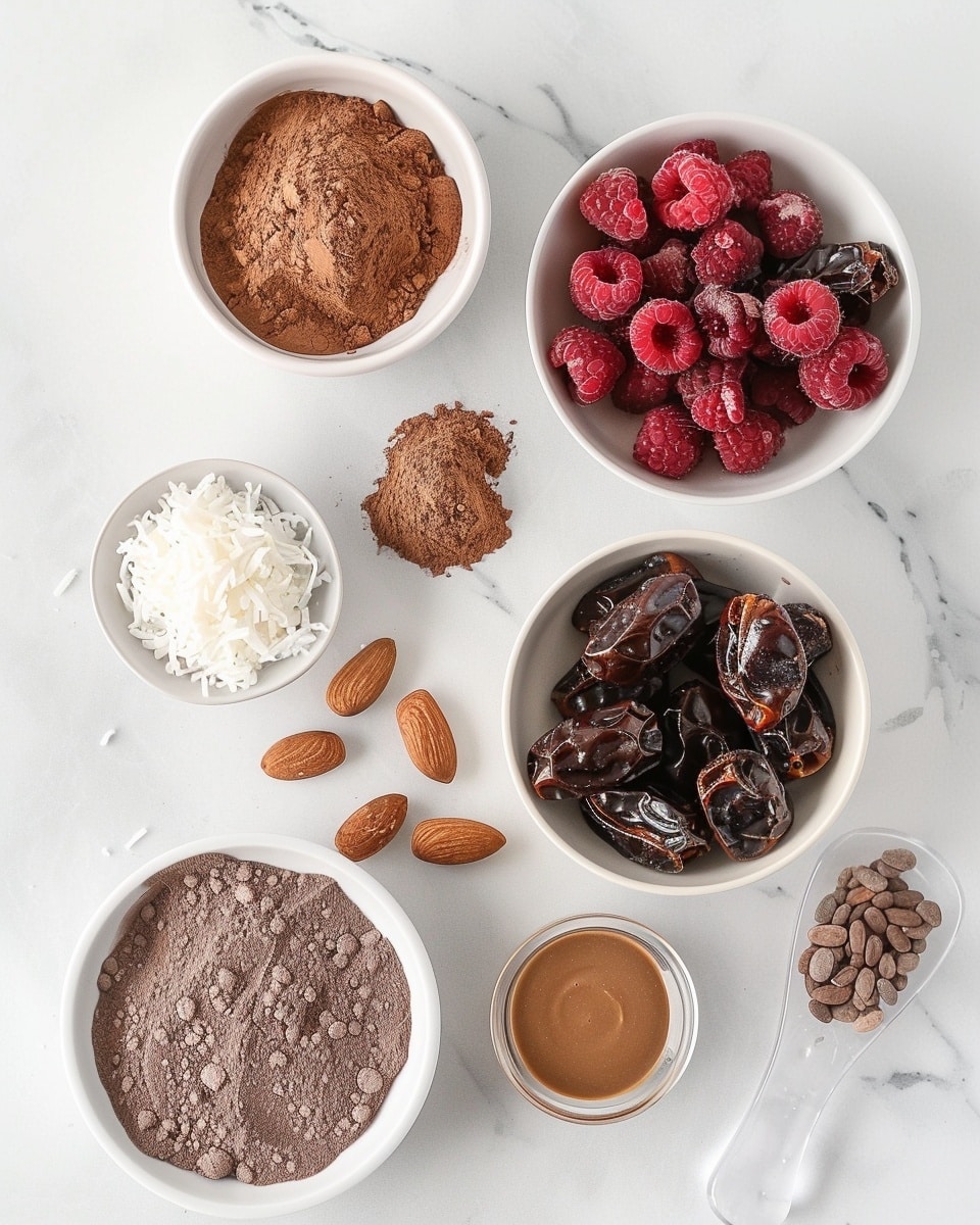Inside a clear food processor bowl on a white marbled surface, there are seven different ingredients placed separately. Starting from the top left going clockwise: bright red raspberries with a rough texture, a light brown creamy nut butter dollop, three dark brown shiny dates, a light brown powdery substance, small black and white chia seeds, whole light brown almonds, and a fluffy white shredded coconut pile. The ingredients form a colorful and textured circle around the black middle part of the food processor. Photo taken with an iphone --ar 4:5 --v 7