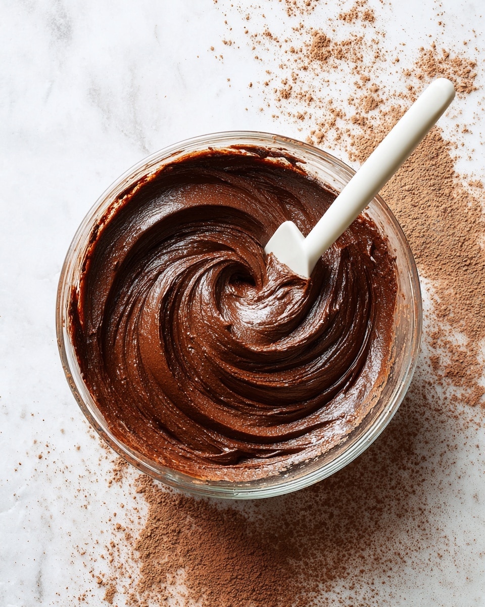 A clear glass bowl filled with smooth, thick chocolate batter swirled in a spiral pattern, showing a rich dark brown color with a shiny texture. A white spatula is partially dipped in the batter on the right side, lifting some of the mixture. The bowl sits on a white marbled surface with cocoa powder lightly scattered around the bowl’s edge, particularly on the upper right side. Photo taken with an iphone --ar 4:5 --v 7
