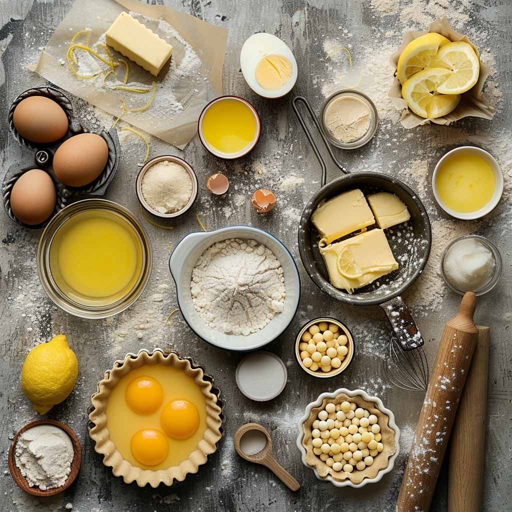 The image shows several small tarts arranged on a white marbled surface. Each tart has two layers: a light brown, firm, and textured crust with a crimped edge forming the base and sides, and a smooth, shiny bright yellow filling that is evenly spread and slightly domed, sitting perfectly within the crust. The tarts are spaced out in a casual formation, with some in the foreground and others softly blurred in the background, emphasizing the tart in the center. photo taken with an iphone --ar 4:5 --v 7