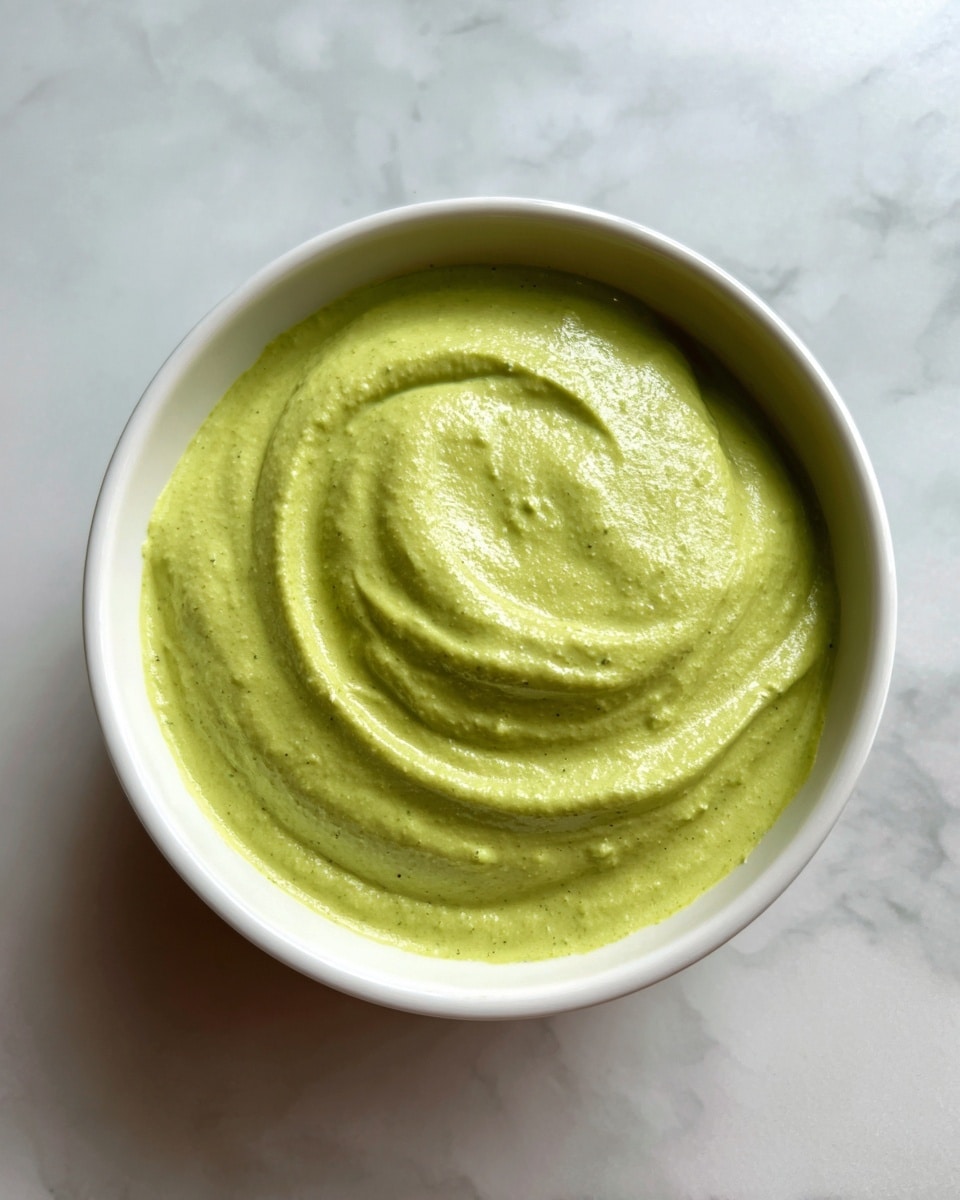 A white bowl filled with a smooth, thick green sauce that has a creamy texture and small lumps visible on the surface. The sauce has slight swirls and ridges in the middle, showing it was stirred or scooped recently. The bowl sits on a white marbled surface. photo taken with an iphone --ar 4:5 --v 7