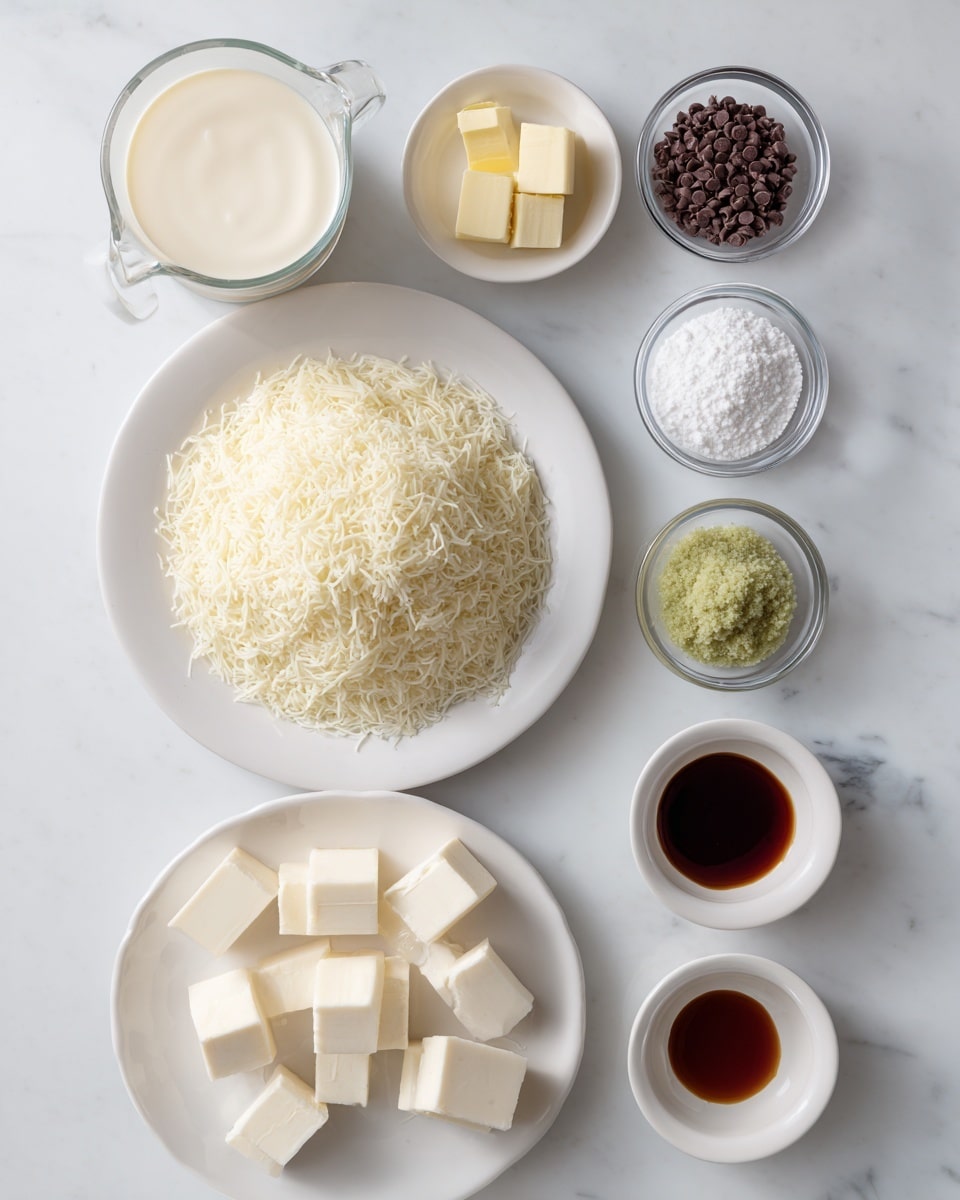The image shows an overhead view of various cooking ingredients arranged neatly on a white marbled surface. At the top left, there is a clear measuring cup filled with cream. Below it, a white plate holds a large mound of fine, light beige shredded noodles. To the right of the noodles, three small clear bowls line up vertically: the top bowl contains dark brown chocolate chips, the middle bowl is filled with white granulated sugar, and the bottom bowl has a thick green paste. Below these bowls, there are two white small bowls side by side—the left bowl holds pale yellow butter cubes, and the right bowl contains a small amount of dark brown liquid vanilla extract. At the bottom left corner, a white plate contains several uneven white cheese cubes. The items are placed carefully in a grid-like pattern, and the photo is taken with an iphone --ar 4:5 --v 7
