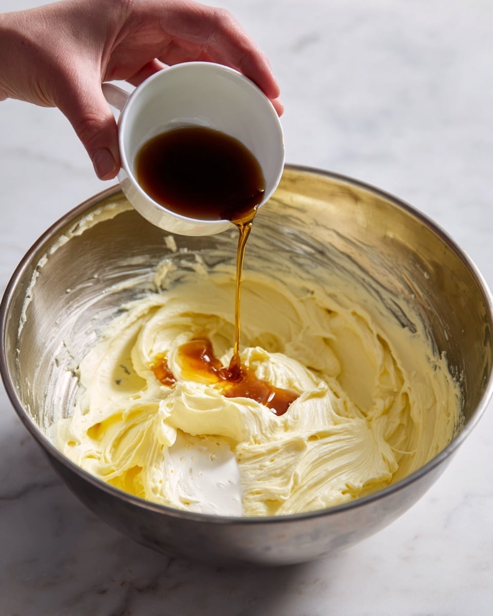 A close-up image showing a large metal bowl with a creamy mixture inside. The mixture has a thick, pale yellow layer clinging to the sides and some soft white cream in the middle. A woman's hand is pouring a dark amber liquid from a small white bowl into the center of the mixture. The bowl sits on a white marbled surface. photo taken with an iphone --ar 4:5 --v 7