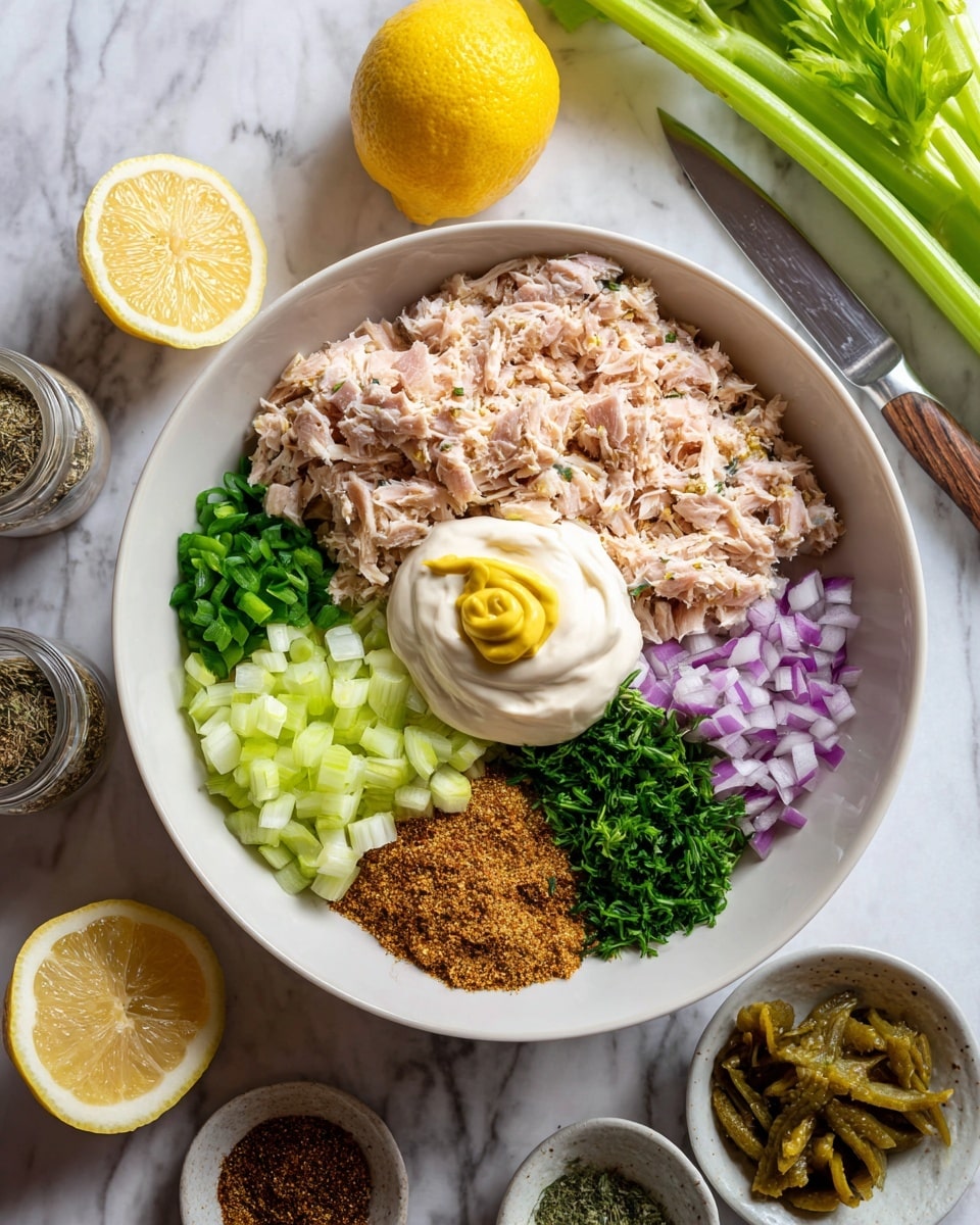 A white bowl on a white marbled surface holds multiple ingredients arranged in separate piles. The largest pile is light pink shredded tuna, with finely chopped green celery pieces next to it. There are small bits of purple onion, bright green chopped herbs, and minced garlic sprinkled with herbs. Close to the center, a dollop of white mayo topped with a small swirl of yellow mustard rests on the tuna. A heap of brown spice and a small mound of green pickles sit near the sides. Around the bowl, fresh celery stalks, a halved lemon, a knife, and spice jars add to the kitchen scene. Photo taken with an iphone --ar 4:5 --v 7