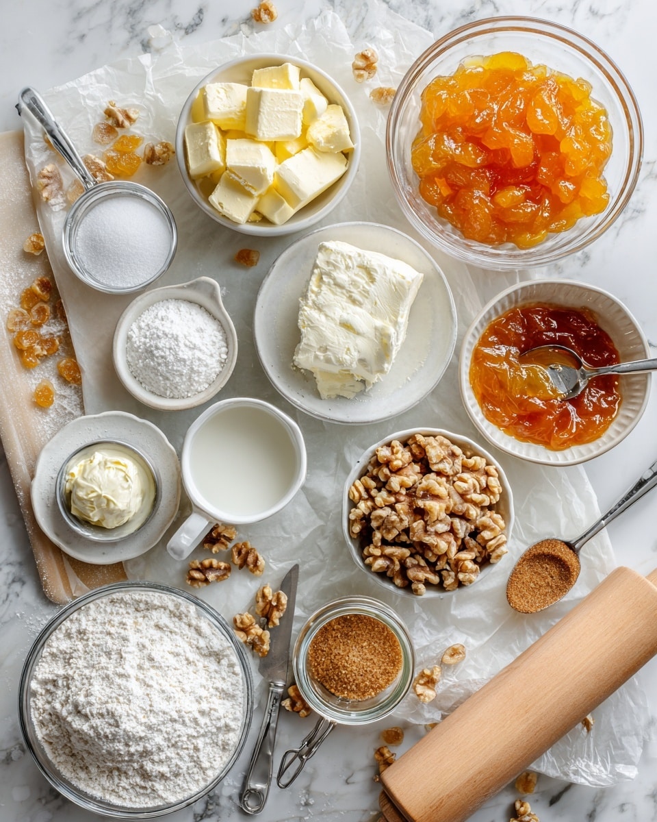 This image shows a close-up of several small pastries arranged on a white plate with black decorative lines near the edge. Each pastry is a roll with three visible layers: the outer crust is golden brown and flaky with a slightly crisp texture, the middle layer is filled with a dark brown mix of nuts and fruit pieces that look sticky and chewy, and the innermost layer is a light beige dough that holds the filling inside. The pastries are stacked in a pile, showing the spiral shape and layers clearly. The background is out of focus but appears as a white marbled surface. photo taken with an iphone --ar 4:5 --v 7
