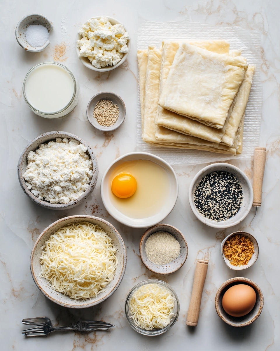 The image shows six golden brown triangular pastries arranged closely together on a rustic wooden board. Each pastry has a shiny, slightly glossy surface from an egg wash, with small dark and white sesame seeds sprinkled on top for texture and a bit of contrast. The edges of the pastries are pressed down with fork marks, creating a crimped pattern around each triangle. The colors range from light golden on the edges to deeper amber at the center, highlighting their flaky layers. To the right, there is a wooden-handled metal tool resting on the board, adding a vintage touch. The background is a white marbled texture. Photo taken with an iphone --ar 4:5 --v 7