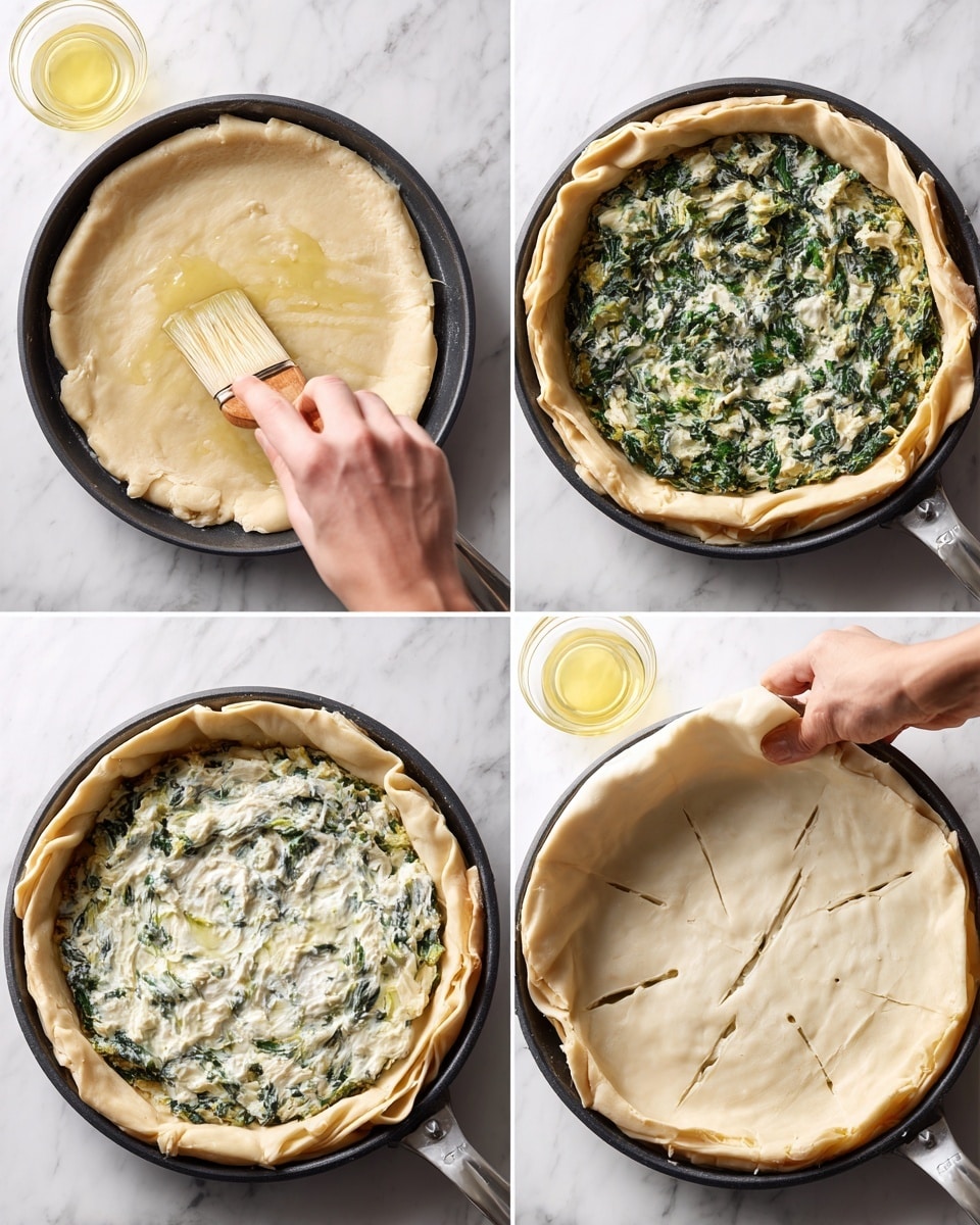 The image shows many cooking ingredients arranged in small white bowls and a large clear bowl on a white marbled surface. Starting from the top left, there is a small white bowl with yellow oil, next to a medium white bowl filled with chopped white onions, a medium white measuring cup with crumbly white cheese, a white bowl with a white soft cheese, and a clear measuring cup with water. Below them, there is a white bowl with chopped green onions, a small white bowl filled with chopped green herbs, and a small white bowl with three white eggs. Near the bottom, a large clear bowl holds fresh spinach leaves, and next to it a speckled white bowl filled with white flour. Below that, there is a clear glass bowl with melted butter, a small white bowl with yellow oil, a small white bowl with salt, a wire sieve with flour, and a small brown bowl with white powder. Everything is neatly placed and well-lit, showing clear colors and textures of the ingredients. photo taken with an iphone --ar 4:5 --v 7