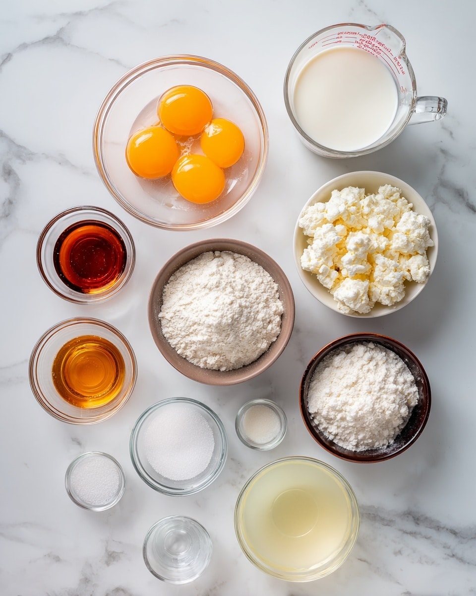 The image shows nine containers with different ingredients arranged on a white marbled surface. On the top left, a transparent bowl holds three bright orange egg yolks with clear egg whites around them. To the right, a clear plastic measuring cup is filled with white milk. Next to it and below are three brown bowls, one with crumbly white cheese, the next with white flour, and the third with a grainy white ingredient. Below the eggs are two small glass bowls, one with grainy white sugar and the other with fine white salt. At the bottom left, a small transparent container has a dark amber liquid, and next to it is another clear container with pale yellow liquid. Finally, a clear plastic pitcher with some water is present on the bottom right corner. The photo taken with an iphone --ar 4:5 --v 7