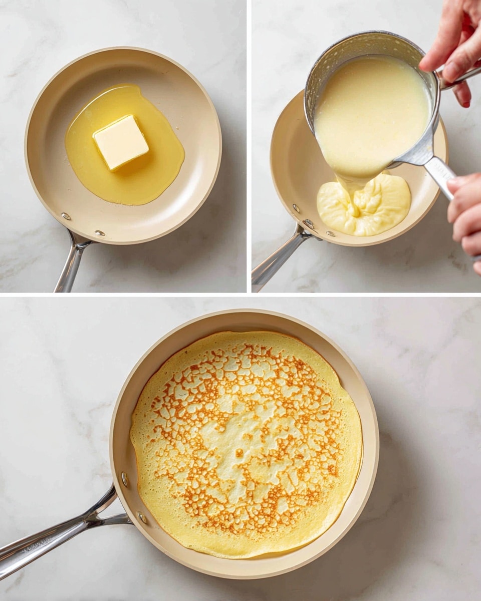 The image shows three steps of making a thin pancake in a light-colored pan placed on a white marbled surface. The first step shows a small block of butter melting in the middle of the pan, shiny and creamy yellow with a smooth texture. The second step shows a woman's hand holding a silver ladle filled with pale yellow batter, being poured into the pan with the butter melted beneath it, creating a shiny base. The third step shows a fully cooked thin pancake covering the pan, with light golden brown spots all over the pale yellow surface, forming a mottled pattern and a slightly crispy edge. Photo taken with an iphone --ar 4:5 --v 7