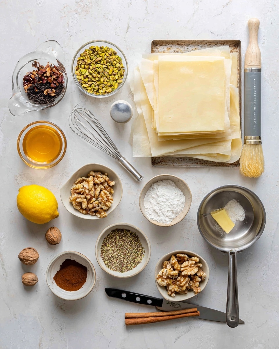 The image shows a close-up of a slice of baklava with multiple thin, golden-brown crispy layers of phyllo dough on top, lightly sprinkled with crushed green pistachios. Below these flaky layers, there is a thick filling made of mixed nuts, including walnuts and pistachios, with a sticky, shiny syrup coating that gives it a glossy texture. The baklava sits on a smooth black surface that contrasts with the light colors of the pastry. Small pieces of nuts are scattered around the slice for extra detail. Photo taken with an iphone --ar 4:5 --v 7