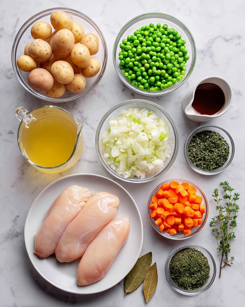 The image shows an overhead view of various fresh ingredients neatly arranged on a white marbled surface. At the bottom left, there is a white plate holding three raw, smooth, pale pink chicken breasts. Surrounding this plate, there are clear glass bowls filled with different items: small round light brown potatoes in the top left, bright green frozen peas in the top right, light green sliced celery pieces below the peas, and vibrant orange carrot slices at the bottom right. In the middle, there is a medium glass bowl with chopped white onions and a smaller glass bowl with chopped white garlic. There is also a glass measuring cup with light yellow broth on the left center. Between the onions and celery, there are two dried bay leaves positioned side by side, while to the right of the celery are two small, white bowls filled with dried herbs–one with a green leafy texture and one with dark green fine leaves. Also present are a small glass bowl with yellow oil and a white cup holding a dark brown liquid, placed near the carrots. The whole setup is bright and clean. photo taken with an iphone --ar 4:5 --v 7