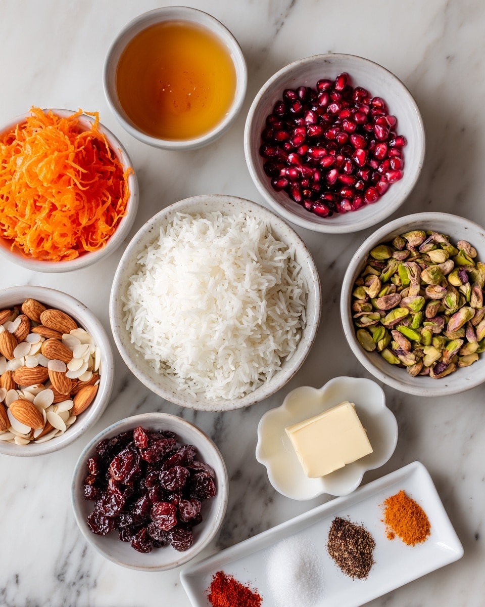 A round shiny metal bowl with ornate gold handles is filled with a colorful rice dish that has three visible layers mixed together: white fluffy rice, thin orange strips of carrot, and small yellow pieces of dried fruit spread evenly throughout. Scattered on top are dark raisins and golden dried fruit pieces creating a spotted pattern against the base mix. The bowl sits on a white marbled surface. photo taken with an iphone --ar 4:5 --v 7