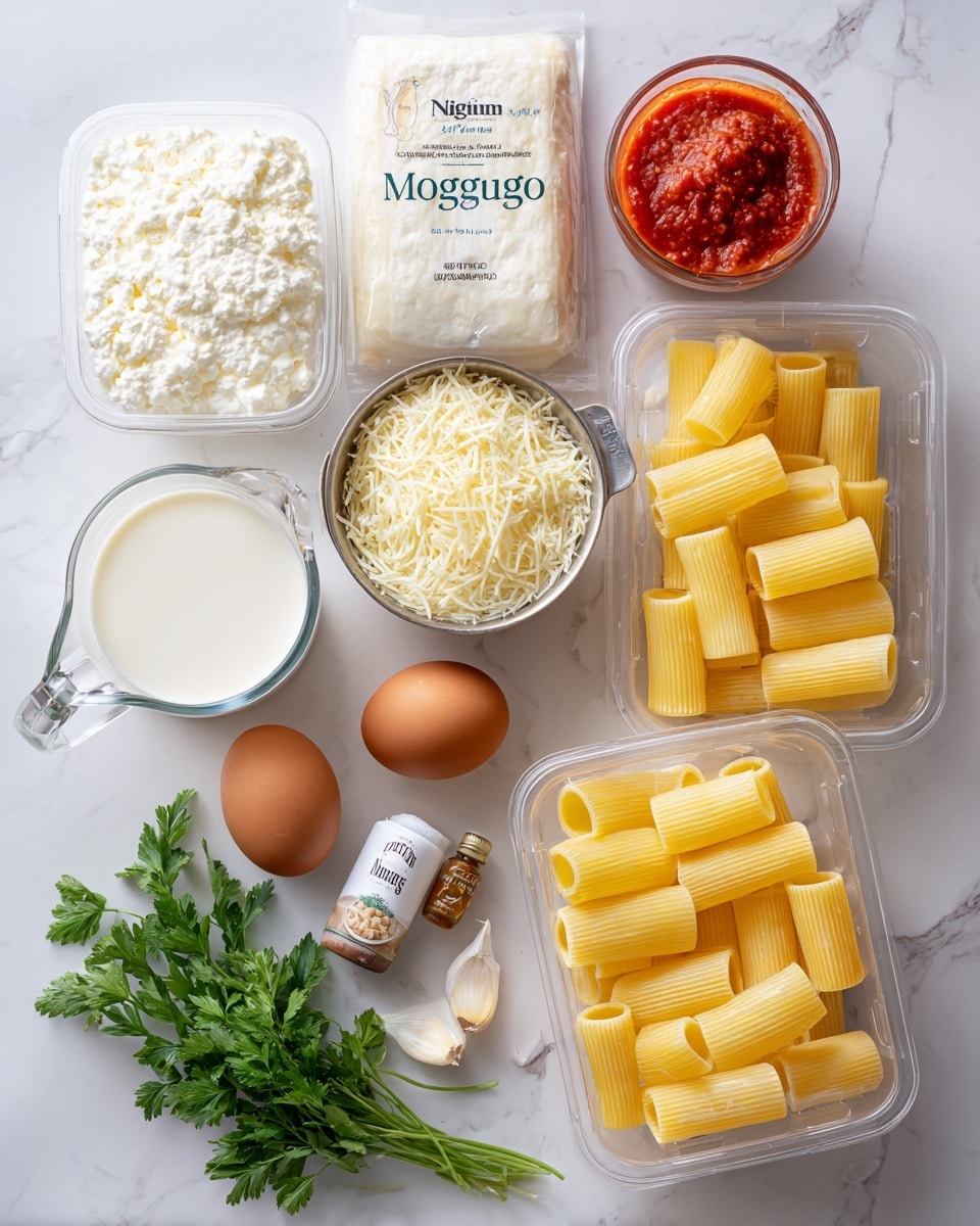 The image shows various ingredients for pasta on a white marbled surface. On the left, there is a large container of ricotta cheese and a smaller package of mozzarella cheese side by side. In front of these, a clear glass measuring cup holds white milk, and next to it is a metal cup filled with shredded cheese. Two brown eggs are placed near a small bottle labeled