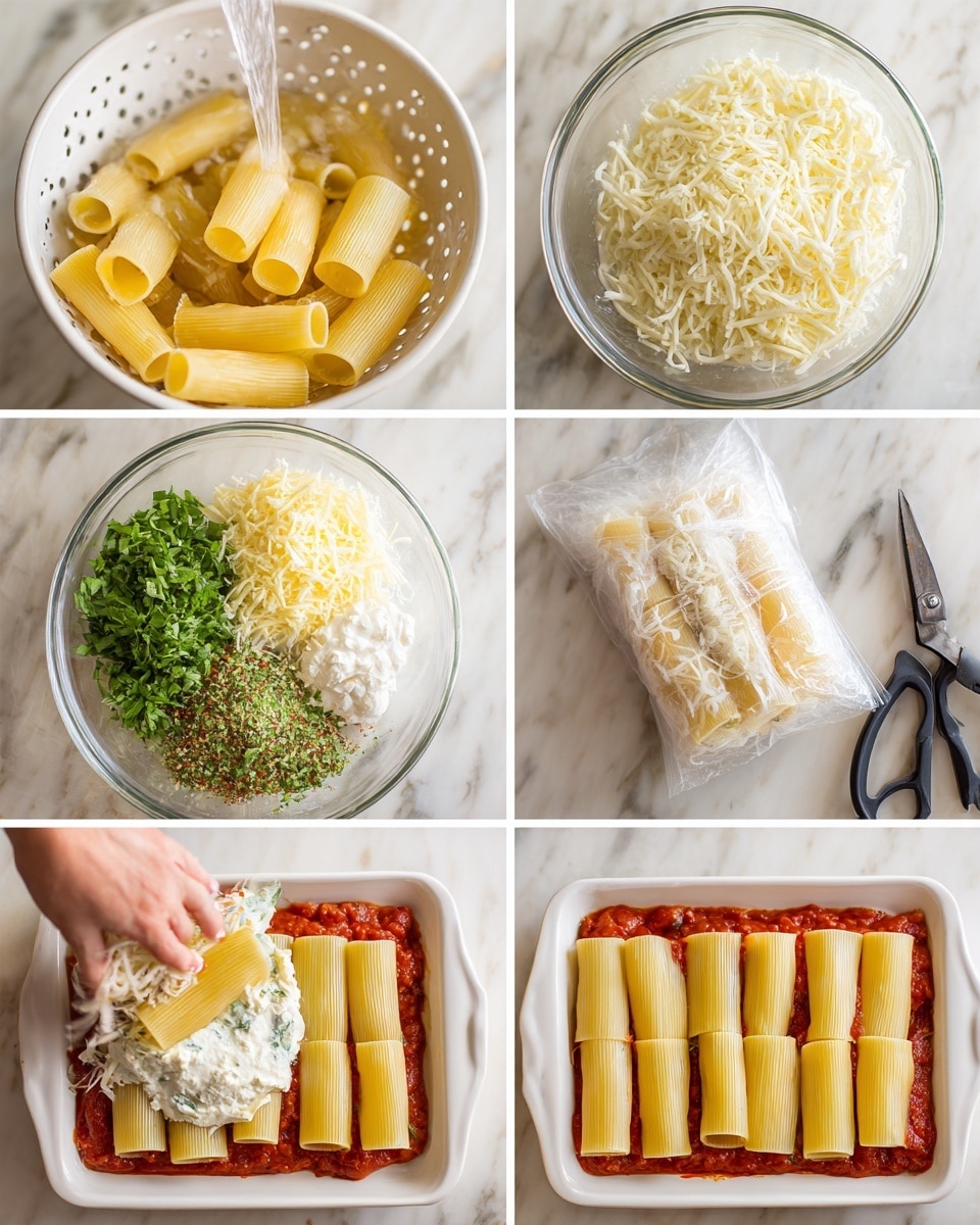 The collage shows the step-by-step making of stuffed pasta in six frames, all set on a white marbled surface. The first frame has a white colander filled with yellow cooked rigatoni pasta under running water, showing hollow ridged tubes. The second frame holds a clear glass bowl containing several ingredients: a large pile of green chopped herbs on the left, small heaps of shredded white and orange cheese at the center, some light yellow liquid and a white creamy mixture with black pepper on top. The third frame presents a clear plastic piping bag filled with white creamy cheese mixed with herbs placed next to a black kitchen scissors. In the fourth frame, a woman's hand fills one rigatoni with the creamy cheese mixture from the piping bag over a rectangular white baking dish with bright red tomato sauce spread at the base. The fifth frame shows the filled rigatoni noodles lined upright inside the baking dish filled with tomato sauce, neatly arranged in three rows. The final frame displays the baking dish topped with shredded cheese layered evenly over the stuffed pasta. photo taken with an iphone --ar 4:5 --v 7