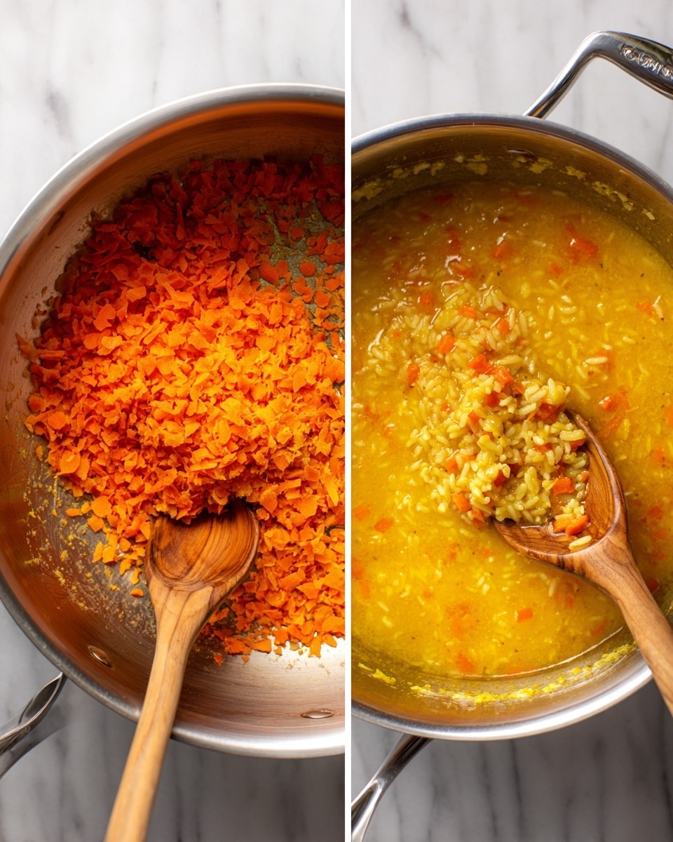 The image shows two stages of cooking a carrot rice dish in a silver pot on a white marbled surface. On the left side, there is a close-up of dry orange carrot pieces mixed with yellow rice grains, all stirred with a wooden spoon resting in the pot. On the right side, the same pot contains a yellow-orange liquid with cooked carrots and rice, held on a wooden spoon over the surface. The pot handles and stovetop are partially visible. Photo taken with an iphone --ar 4:5 --v 7
