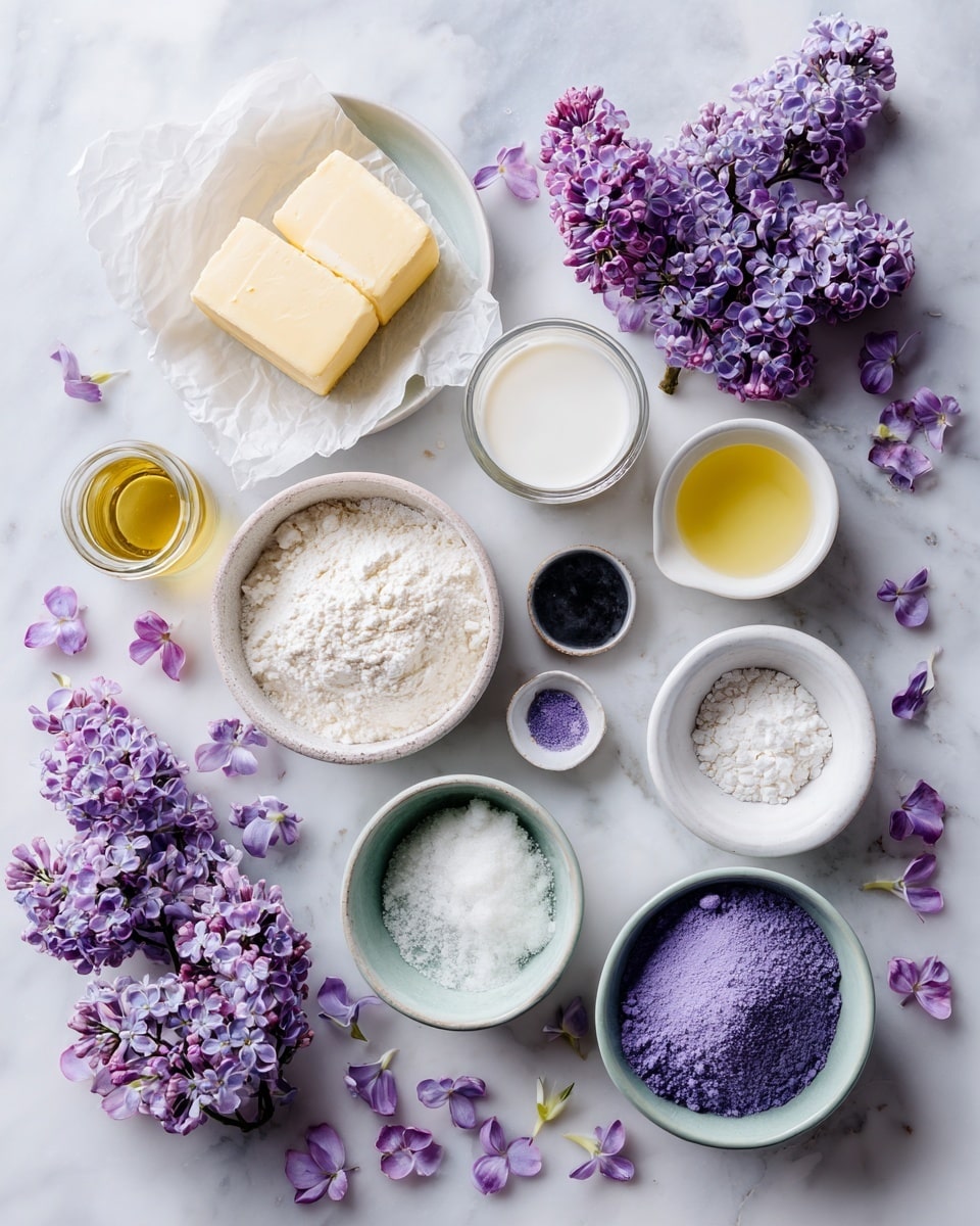 A white plate with a brown rim holds a layer of fine white sugar spread evenly across the surface. Small, delicate purple flowers are scattered on top of the sugar, adding a soft contrast. A silver spoon lies on the right side of the plate, partially resting in the sugar and showing some sugar on its bowl. The background is a white marbled texture, and some blurred purple flowers appear in the foreground, adding depth to the image. photo taken with an iphone --ar 4:5 --v 7