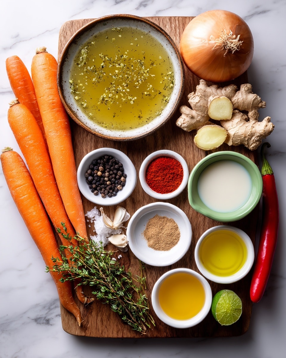 The image shows a wooden board placed on a white marbled surface holding fresh and prepared ingredients. On the left side, there are several whole orange carrots and a single light brown onion. At the top center of the board, a round bowl contains greenish broth with visible small herbs inside. Below it is a white bowl with black pepper, salt, and two kinds of red spices arranged in separate small piles. To the right is a white bowl with chunks of ginger, two cloves of garlic, and sprigs of thyme. Next to it is a smaller white bowl with brown powder. At the bottom center is a green bowl filled with white liquid, and to its right is a yellow bowl with yellow oil. To the far right of the board are a bright red chili pepper and a whole lime. photo taken with an iphone --ar 4:5 --v 7