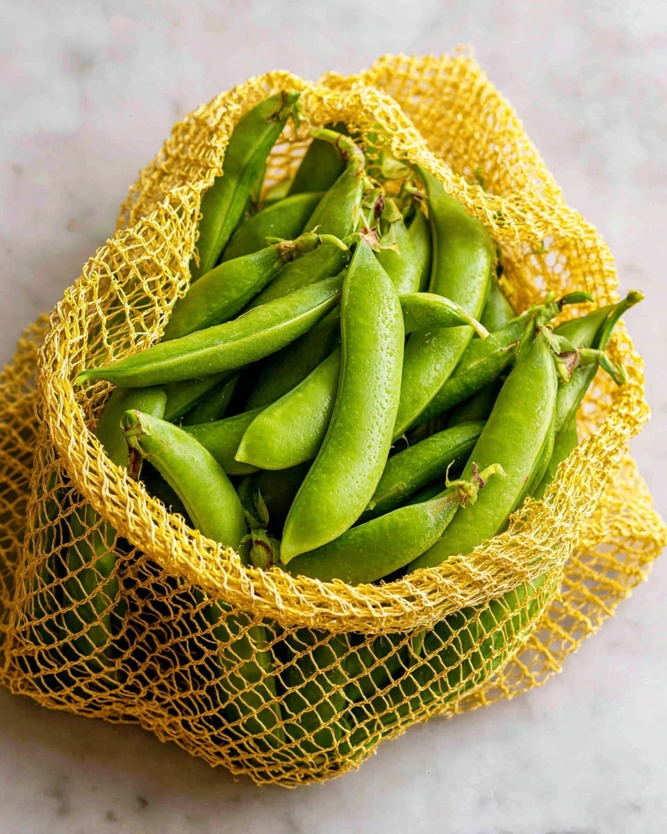 The image shows a bunch of fresh green sugar snap peas in a yellow net bag resting on a white marbled surface. The sugar snap peas have a smooth texture and a bright green color, tightly packed inside the net with some peas spilling slightly out. The yellow net creates a crisscross pattern over the peas, adding a layer of visual texture. The photo is bright and clear, highlighting the freshness and color of the peas. photo taken with an iphone --ar 4:5 --v 7