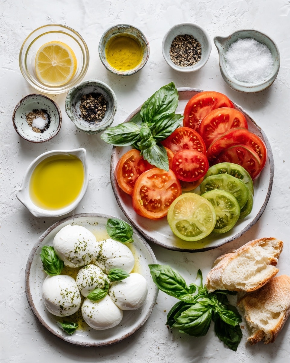 A white round plate holds a colorful tomato salad with layers arranged in a circular pattern: the first layer is mixed large red, yellow, and green tomato slices with smooth, shiny textures; scattered among these are small whole cherry tomatoes with bright red skin. On top, there are dollops of soft white cheese sprinkled with black pepper and drizzled with olive oil. Fresh green basil leaves are placed on and around the tomatoes, adding a pop of color and freshness. Two toasted bread slices with visible grill marks sit next to the plate on a white marbled surface, with a striped cloth slightly draped nearby. Photo taken with an iphone --ar 4:5 --v 7