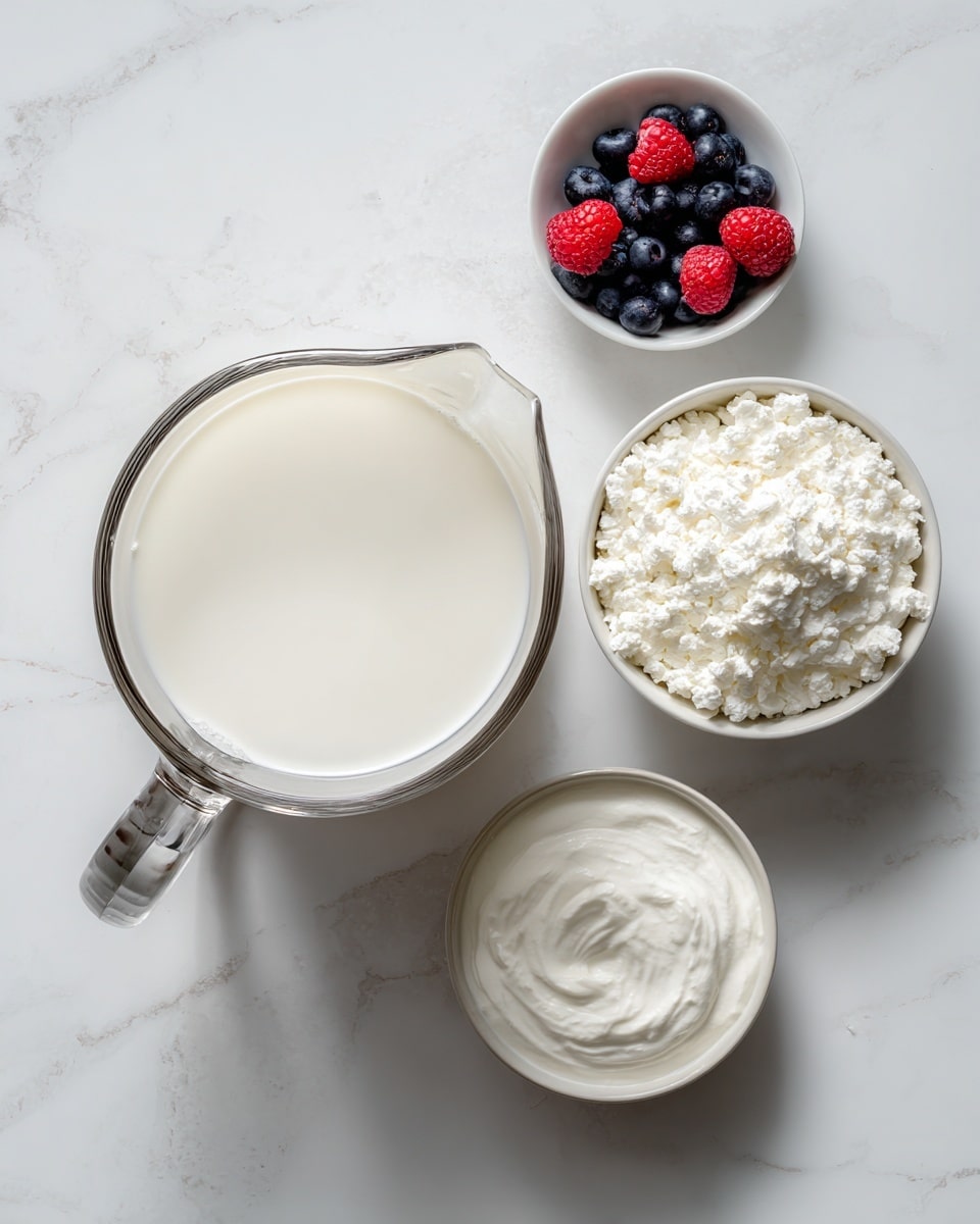 A light blue bowl filled with a creamy white yogurt base that has a smooth, swirled texture. On top, there is a layer of golden brown granola scattered unevenly around with small clusters. Fresh red strawberries, dark blackberries, deep blue blueberries, and red raspberries are placed on top of the granola, adding bright pops of color. A drizzle of honey adds a shiny amber touch over the yogurt and fruit. A silver spoon rests inside the bowl on the left side. The bowl is set on a blue cloth on a wooden table with more bowls of yogurt and fruit in the background. Photo taken with an iphone --ar 4:5 --v 7