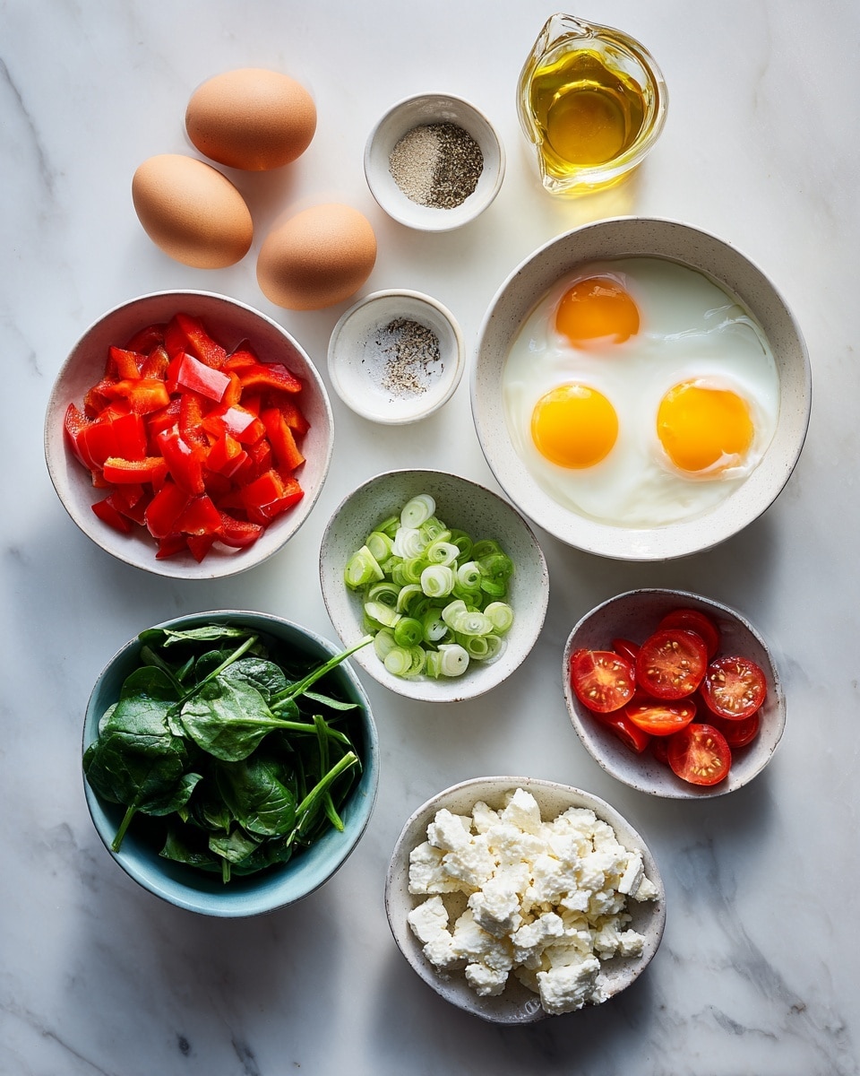 The image shows a white scalloped plate with a folded omelette as the main layer, filled and mixed with chopped green spinach, red and yellow small pepper pieces spread evenly, and bits of onion giving the surface a colorful and textured look. To the left of the omelette, there are several thinly sliced green avocado pieces laid out in a slightly fanned arrangement. Below the avocado, two bright orange wedges with visible juicy segments create a fresh touch. A gold fork with a black handle rests on the right side of the plate, next to the omelette. The plate sits on a green plaid cloth on top of a white marbled surface, and a glass of light amber liquid with a faceted pattern is in the upper right background. Photo taken with an iphone --ar 4:5 --v 7