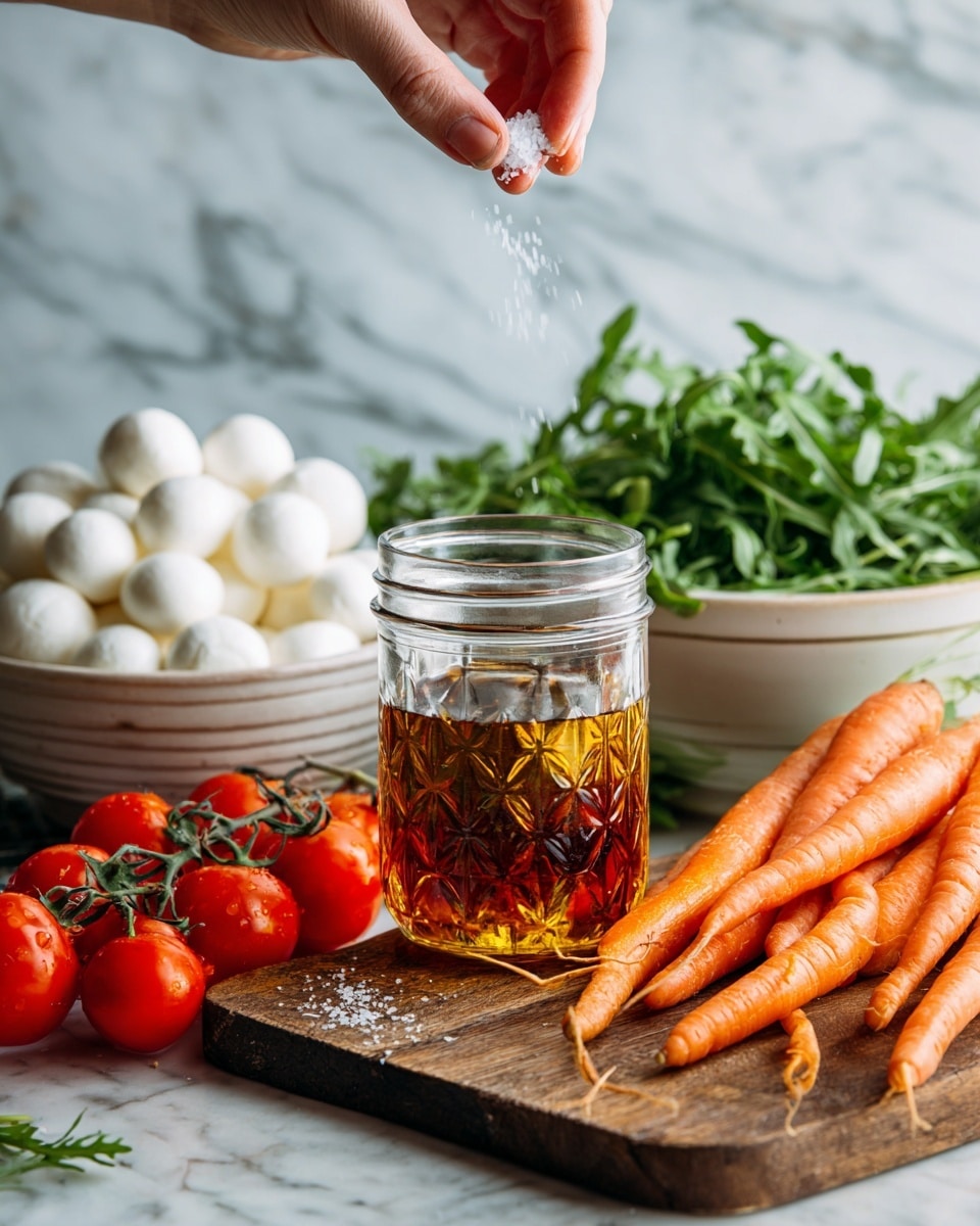 The image shows a clear glass jar filled halfway with a golden mix of oil and vinegar, with a layer of darker vinegar settled at the bottom and lighter oil above it. A woman's hand is sprinkling salt over the jar’s open top. Surrounding the jar on a wooden surface are fresh vegetables: bright orange carrots with leafy green tops at the front right, a bunch of red cherry tomatoes still on the vine on the left, and a white bowl filled with fresh green arugula leaves behind the jar. To the left, there is also a white bowl holding white mozzarella balls, with part of a sliced red onion visible behind the jar. The whole setup is placed on a white marbled background. photo taken with an iphone --ar 4:5 --v 7