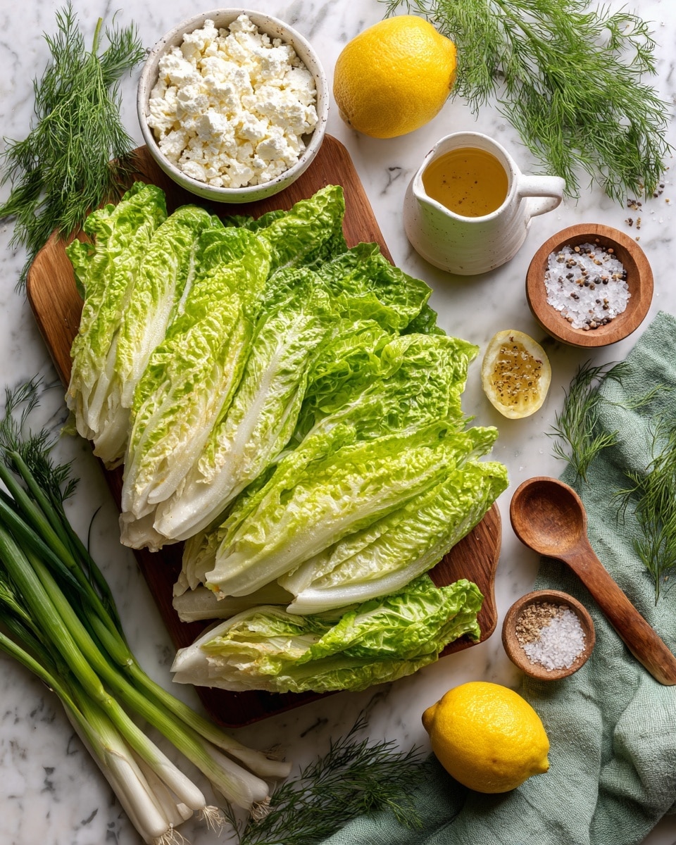 The image shows several large, fresh lettuce leaves with a mix of light and medium green colors, layered neatly on a wooden board. Around the lettuce, there are different ingredients including a white bowl with crumbly white cheese, a small white cup filled with a golden liquid, a bunch of bright green dill, fresh green onions with white bases, a small wooden bowl of coarse salt, a small white bowl with dried herbs, two yellow lemons — one whole and one halved, and a wooden spoon resting on a green cloth. All items are placed on a white marbled surface. Photo taken with an iphone --ar 4:5 --v 7