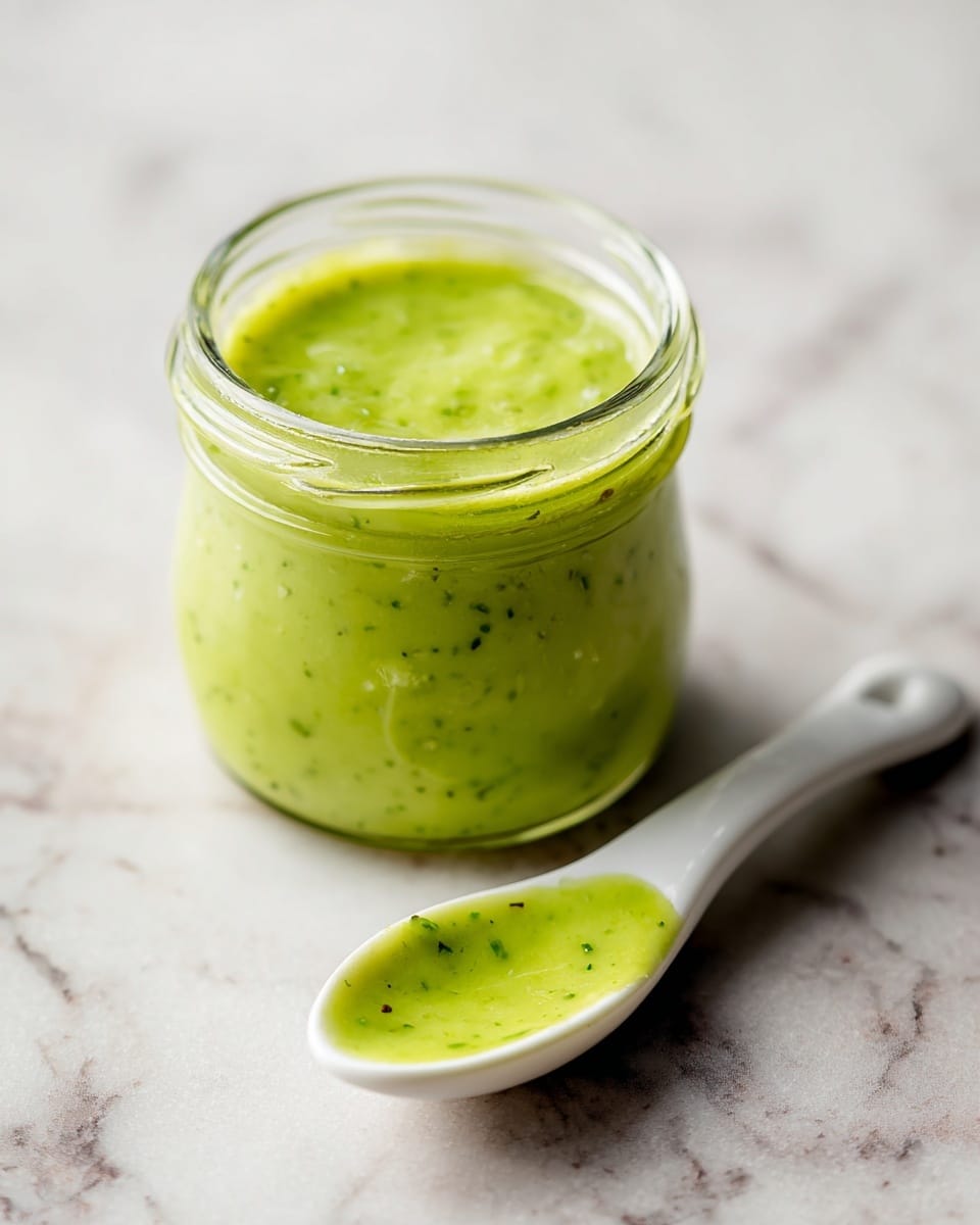 The image shows a small glass jar filled with a thick green sauce, placed on a white marbled surface. Next to the jar, a white spoon is lying with some sauce on it, showing a smooth texture. The sauce has a bright green color with small visible bits, suggesting it is fresh and flavorful. The light in the image is soft and natural, making the green color stand out. Photo taken with an iphone --ar 4:5 --v 7