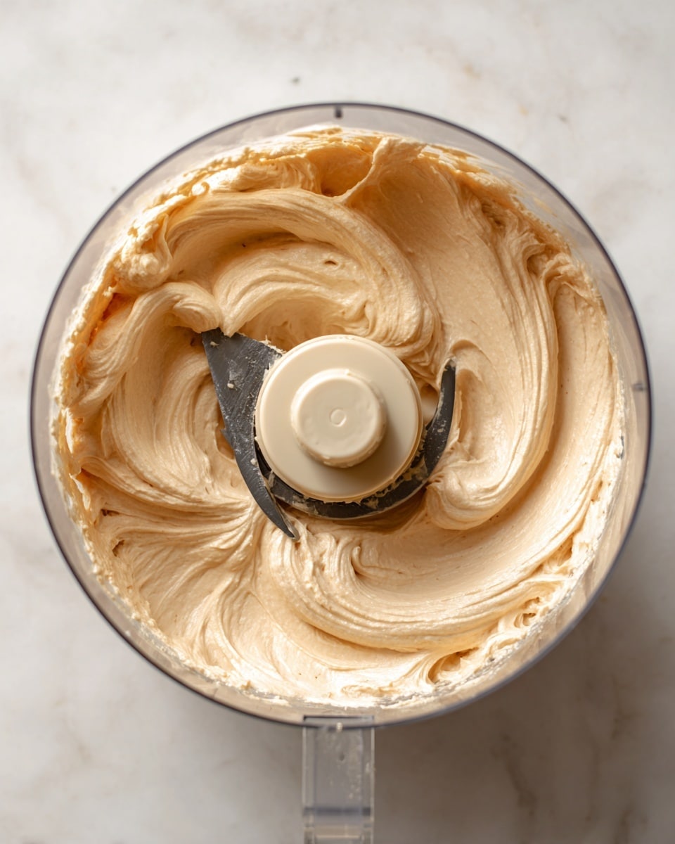 Inside a clear round food processor container, there is a thick, creamy mixture that is light beige in color and smooth in texture. The mixture swirls evenly around the central beige plastic blade holder, which holds a sharp steel blade partially covered by the mixture. The surface beneath the container is white with a marbled texture, giving a clean and bright look to the scene. The photo was taken from above, showing the mixture close-up inside the processor. photo taken with an iphone --ar 4:5 --v 7