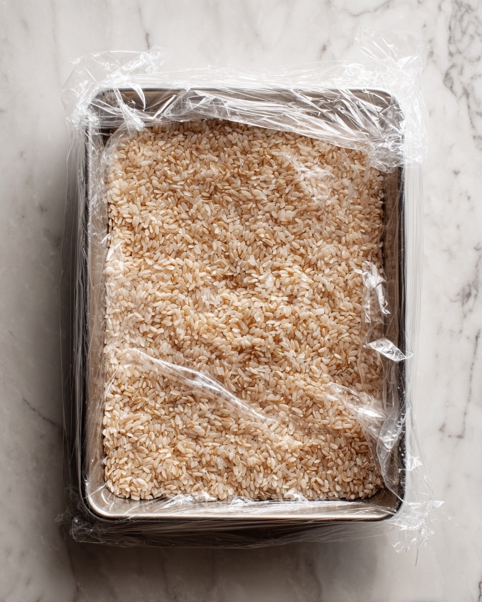 A close-up top view of a rectangular glass container lined with clear plastic wrap, filled with a single layer of sticky rice that is a mix of light golden brown and white grains, evenly spread and pressed down flat. The clear plastic wrap slightly wrinkles around the edges of the container, which sits on a surface with a white marbled texture. photo taken with an iphone --ar 4:5 --v 7