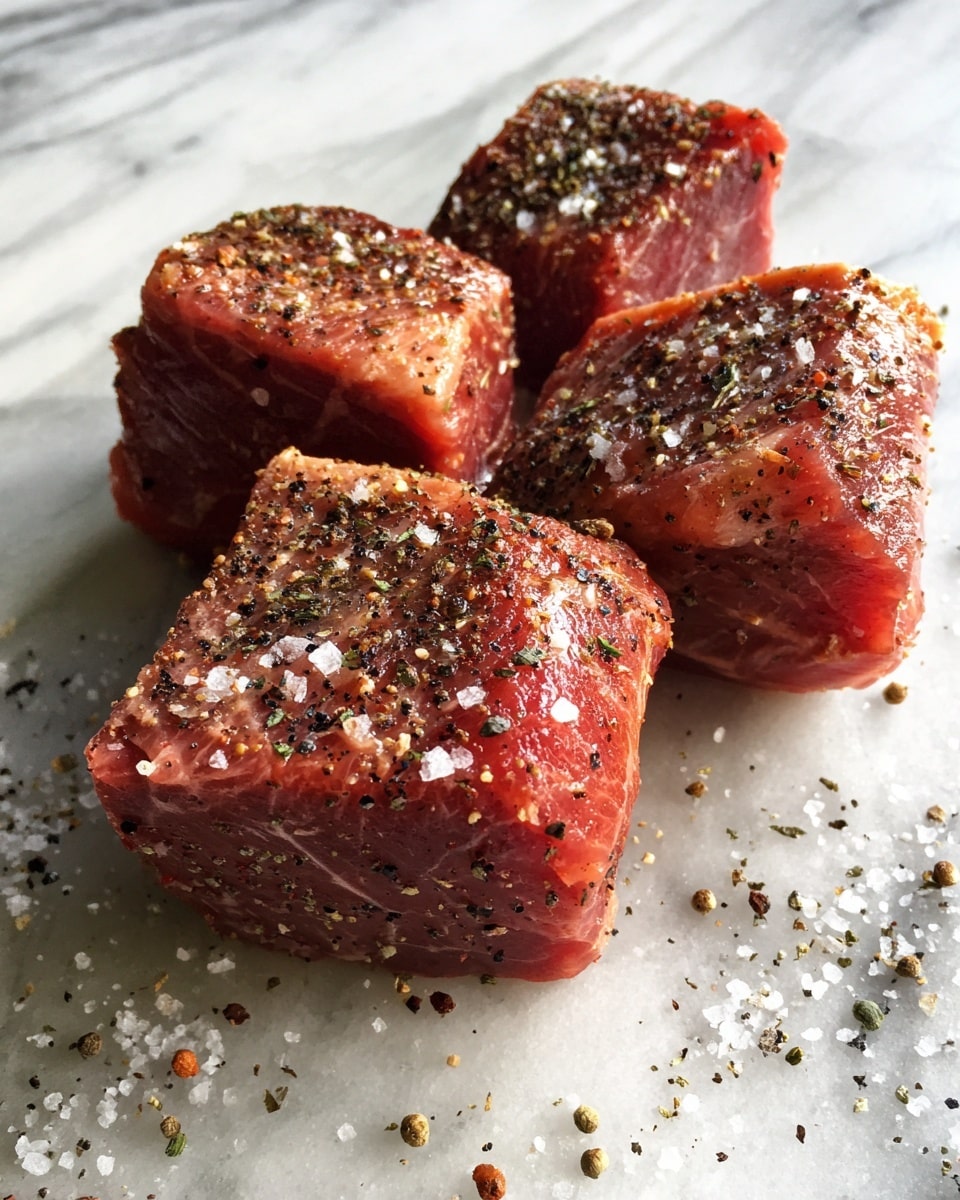 The image shows three thick, raw meat pieces seasoned with coarse salt and ground black pepper. Each piece is a reddish-brown color with a slightly shiny texture, lying on a white marbled surface that has scattered salt and pepper around the meat. The meat looks fresh and has a rough, natural grain on top. Photo taken with an iphone --ar 4:5 --v 7