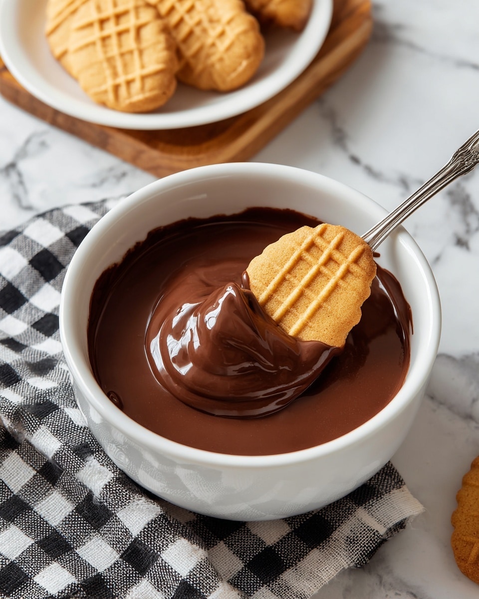 A white bowl filled with a thick, smooth, dark brown chocolate sauce, with a peanut-shaped cookie partially dipped inside, resting on a silver fork placed in the bowl. Three more peanut-shaped cookies with a light golden color and grid pattern are resting next to the bowl. The bowl is set on a white marbled surface, next to a black and white checkered cloth. A wooden rack holding a white plate with another chocolate covered peanut-shaped cookie is visible in the background. Photo taken with an iphone --ar 4:5 --v 7