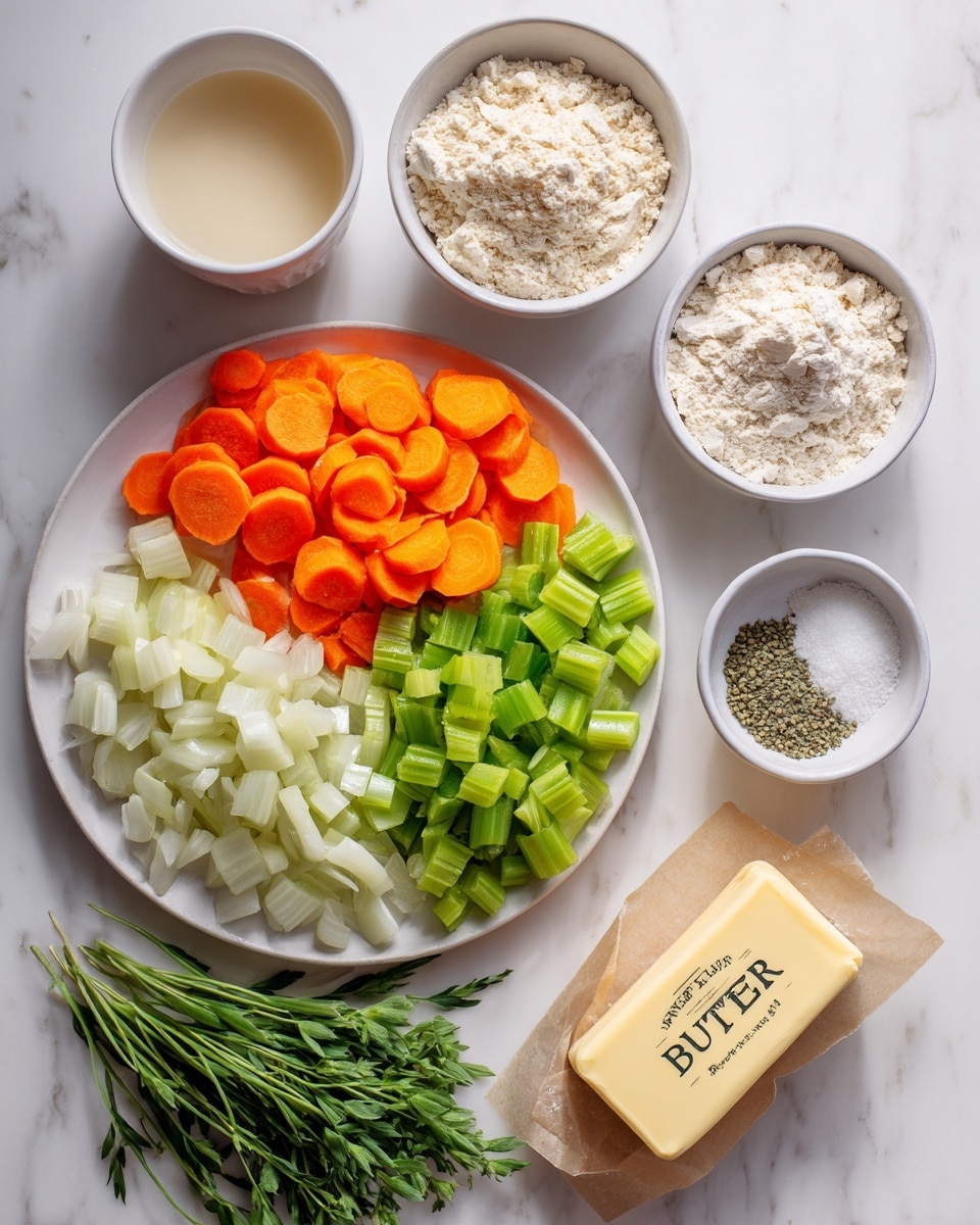 The image shows a white plate filled with three layers of chopped vegetables: bright orange carrot slices on the left, vibrant green celery pieces on the top right, and white onion chunks on the bottom right. Below the plate, there are five small white bowls arranged in a loose cluster, holding different ingredients with varied textures and colors: a creamy white liquid in the top left bowl, light beige flour in the center bowl, white powders including salt and pepper in the top right bowls, and a clear oil in the bottom left bowl. Fresh green herbs with soft and pointy leaves lay spread out at the bottom of the image, next to a pale yellow rectangular block of unsalted butter wrapped in paper labeled