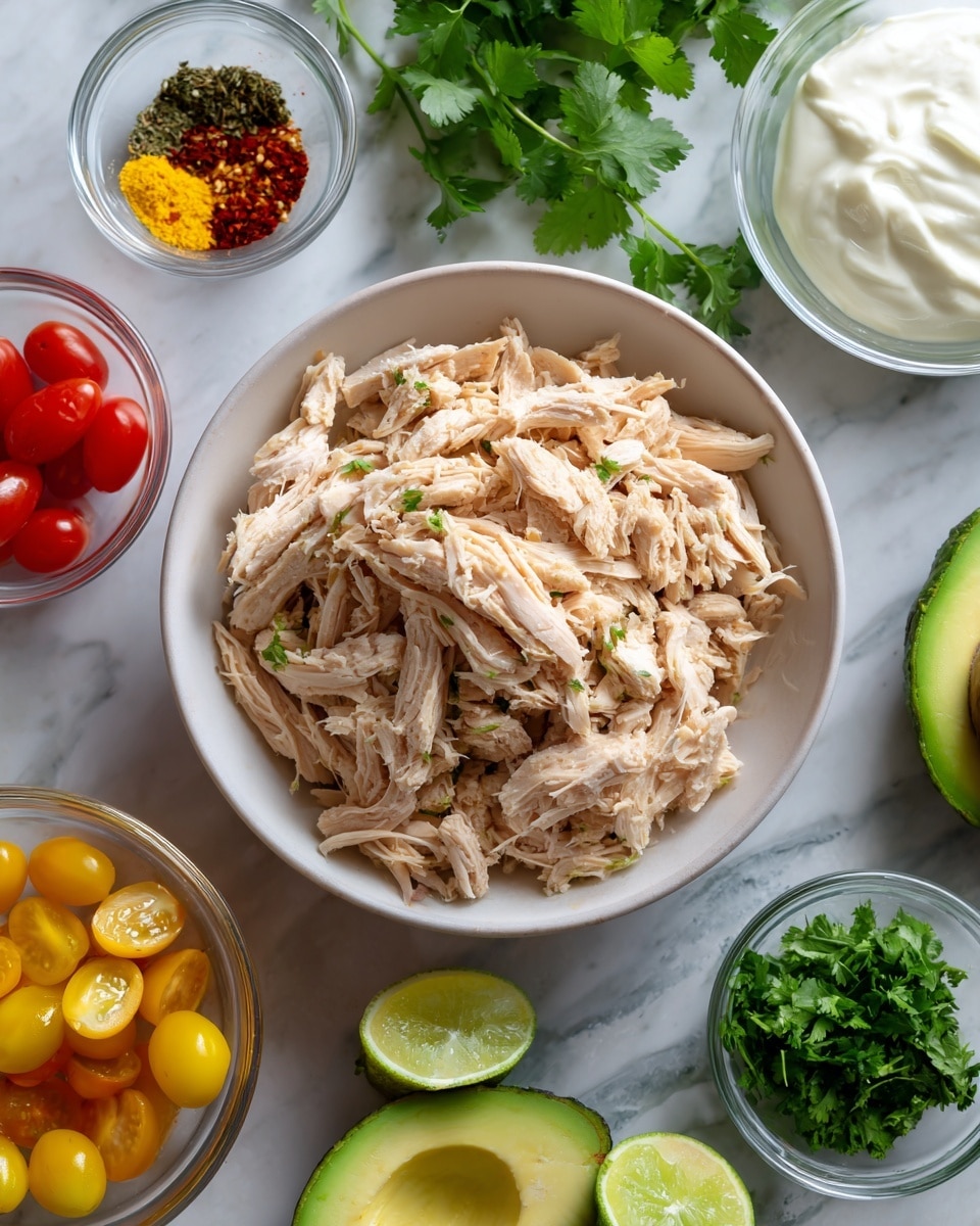 The image shows a white bowl filled with shredded light beige chicken placed in the center on a white marbled surface. Around the bowl, there are six smaller clear glass bowls with different ingredients: at the top left, one bowl with red, yellow, and black spices; at the top right, one bowl with thick white cream; at the bottom left, a bowl with yellow and red cherry tomato halves; at the bottom center, a bowl with chopped green cilantro; two green halved avocados with smooth yellow-green flesh and brown pits are positioned to the left and right sides of the chicken bowl. Near the top center, two bright green lime halves and a small bunch of fresh cilantro leaves with stems are visible. The overall setting is clean with natural light, and the focus is on fresh, colorful ingredients ready to be combined. photo taken with an iphone --ar 4:5 --v 7