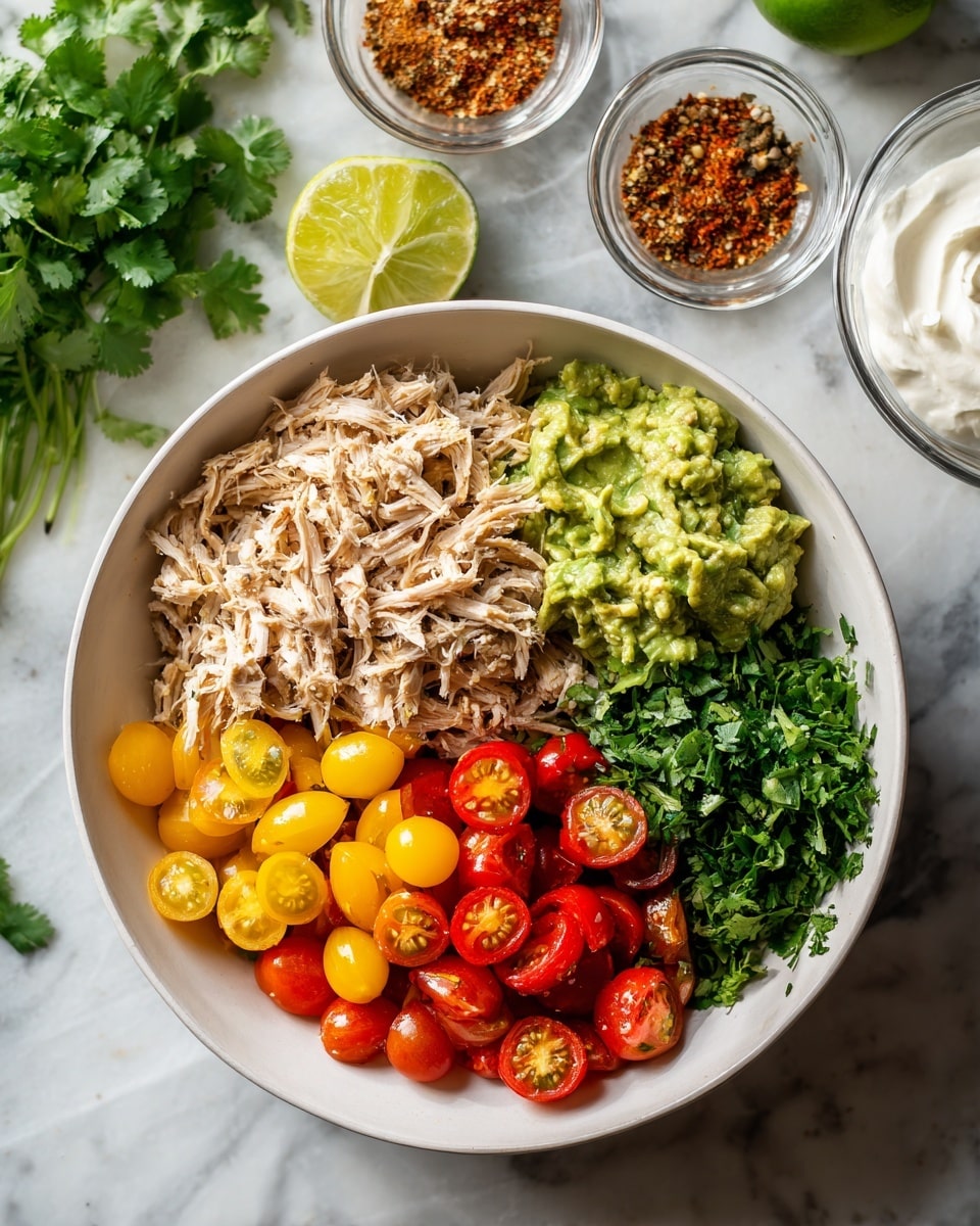 A white bowl sits on a white marbled surface, filled with four distinct sections of food. The first section shows shredded pale beige meat, with a soft texture. Next to it is a thick, chunky green layer of mashed avocado. Beside the avocado, there are bright yellow and red halved cherry tomatoes, shiny and fresh. The final section holds finely chopped dark green cilantro. Surrounding the bowl on the surface are a halved lime, a small bunch of cilantro, a glass bowl with mixed spices in red, brown, and white, and a clear bowl with white sour cream. Photo taken with an iphone --ar 4:5 --v 7