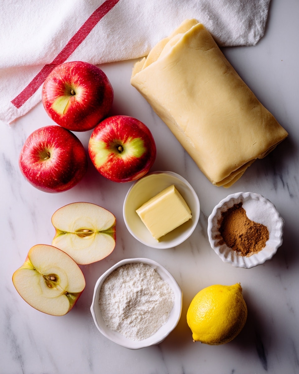 The image shows ingredients arranged on a white marbled surface. At the top center, there is a folded sheet of rolled dough. Below it, three whole red apples with yellow highlights are placed, one near the middle and two on the left side. Two apple halves, showing their seeds and pale yellow inside, are placed at the bottom left. To the right of the apples, a small white bowl contains a square of light yellow butter, a second white bowl holds a mix of brown cinnamon and a white powder, and a third white bowl filled with granulated white sugar is near the bottom center. A half lemon with bright yellow flesh sits at the bottom right corner. A white cloth with red stripes is partly visible in the top left corner. Photo taken with an iphone --ar 4:5 --v 7