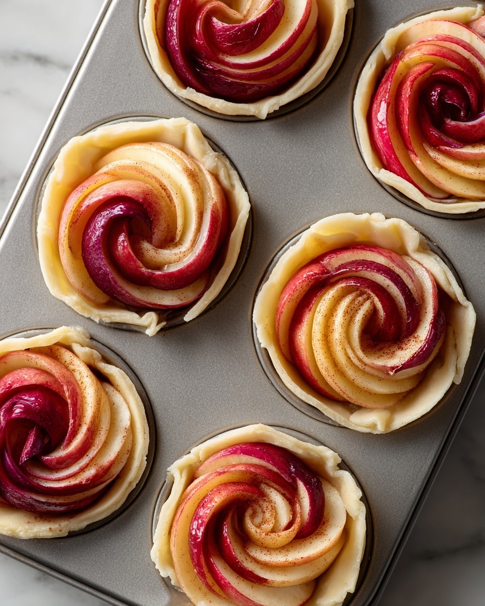 The image shows six small rose-shaped pastries in a metal muffin tray on a white marbled surface. Each pastry consists of thin slices of red and yellow apple arranged in a spiral to look like rose petals, with a beige dough layer underneath holding the apple slices together. The pastry dough curls around the edge, creating a soft, uneven border. The apples are smooth and glossy, showing a fresh texture, while the dough is matte and slightly rough. The spiral shapes fill the muffin spaces evenly, and there are light brown shades where cinnamon or spices are brushed on some parts of the dough and apple slices. Photo taken with an iphone --ar 4:5 --v 7