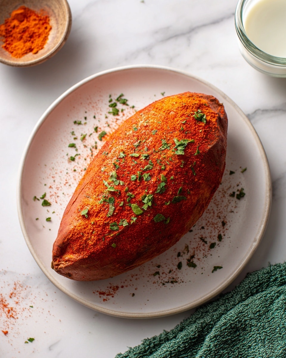The image shows one large, oval-shaped sweet potato sitting on a white plate with a round shape. The sweet potato is covered evenly with a layer of red-orange spice powder and a sprinkling of green herbs. Around the sweet potato, there is extra red-orange spice and green herbs scattered on the plate. The surface under the plate is a white marbled texture. Near the top right corner of the image, there is a clear cup with white sauce inside. A green textured cloth is partly visible at the bottom of the image. Photo taken with an iphone --ar 4:5 --v 7