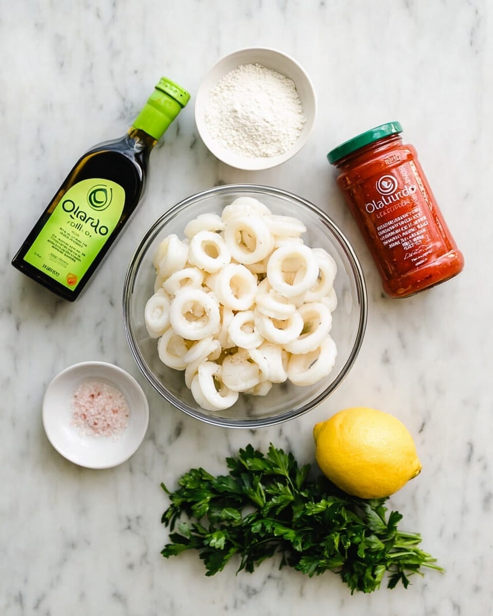 A clear glass bowl filled with white, round frozen calamari rings sits in the center on a white marbled surface. Above the bowl is a small white bowl with white flour. To the left is a dark green bottle of avocado oil with a bright green cap. On the right is a jar of red marinara sauce with a green lid, and a whole yellow lemon beside it. Below the bowl is a small white dish with a pinch of light pink salt. A bunch of fresh green parsley lies next to the lemon, adding a soft leafy texture. Photo taken with an iphone --ar 4:5 --v 7