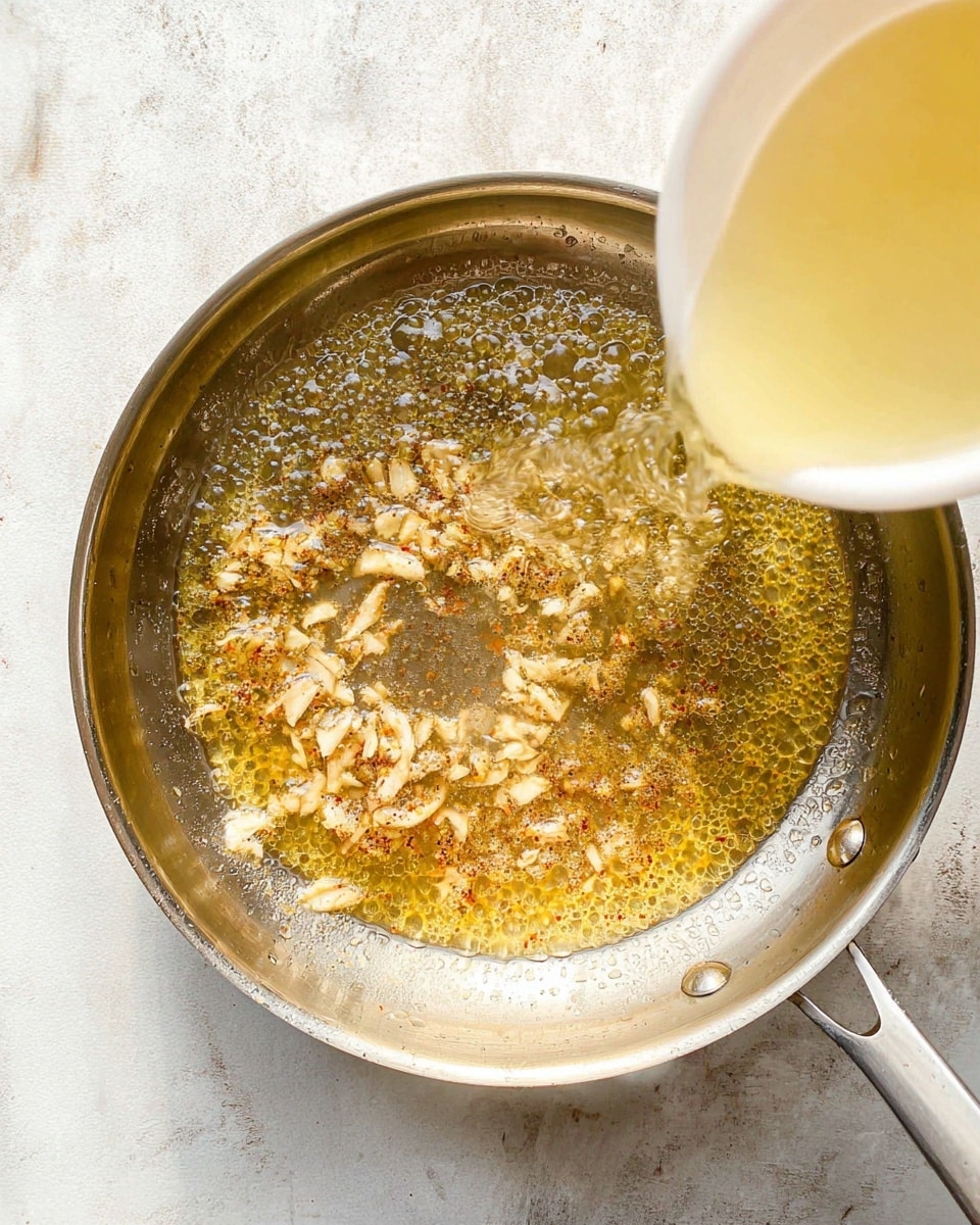A white oval plate with a thin blue rim holds a layer of cooked shrimp covered in a glossy golden sauce with bits of green herbs scattered all over. The shrimp are pinkish with some slightly more orange, and their tails are still attached. In the upper right corner of the plate, there are two lemon wedges adding a bright yellow color. A large spoon with a woven brown handle rests on the left side of the plate. The whole setup is placed on a white marbled surface. Photo taken with an iphone --ar 4:5 --v 7