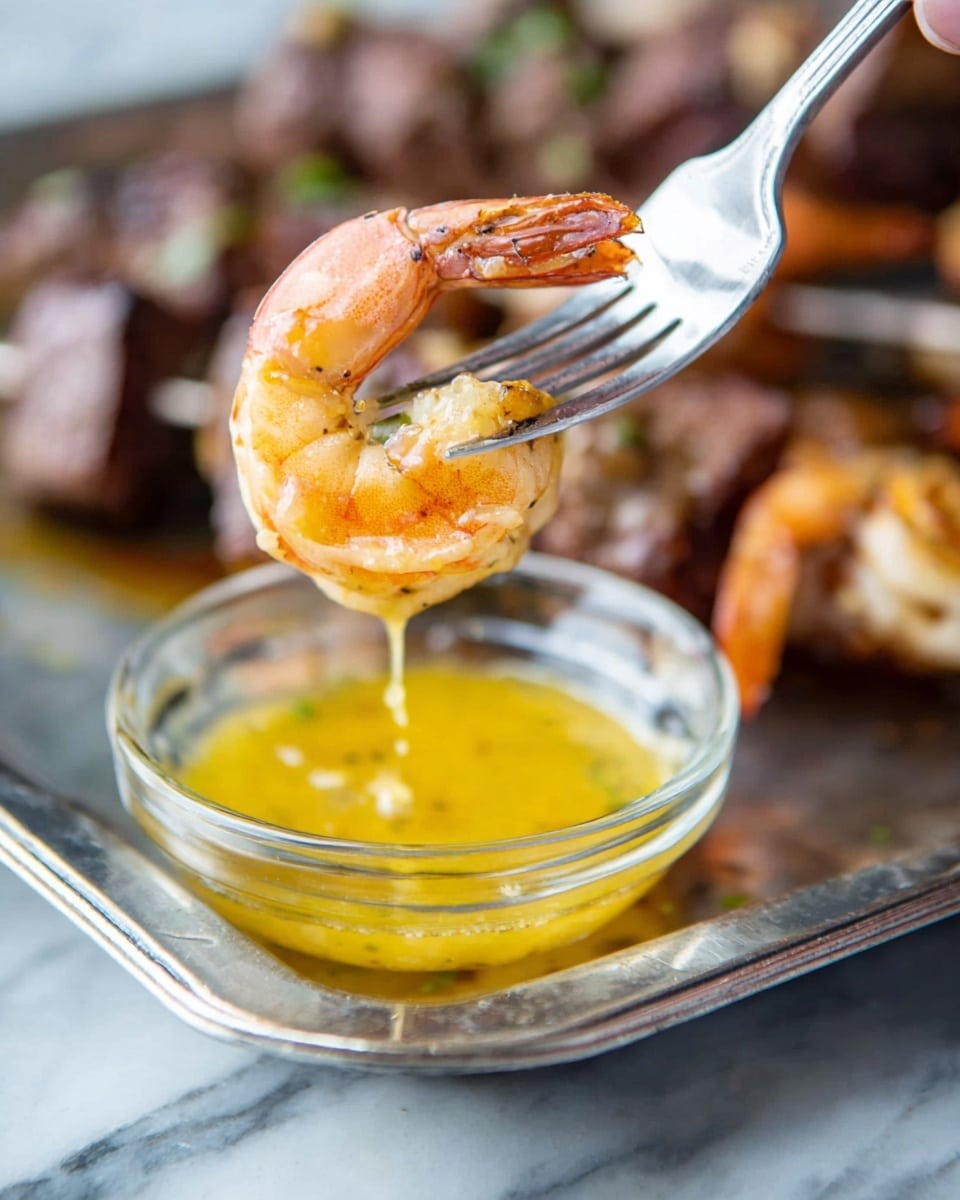 A close-up image shows a cooked shrimp with a light orange and pink color, held by a woman's hand using a silver fork. The shrimp is dripping a golden-yellow sauce into a small clear glass bowl filled with the same sauce. The bowl sits on a metal tray with some grilled meat pieces blurred in the background. The surface below the tray has a white marbled texture. Photo taken with an iphone --ar 4:5 --v 7