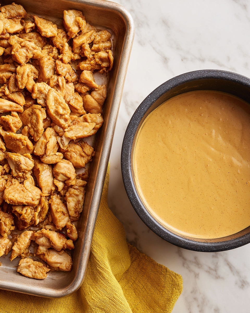 The image shows two side-by-side parts. On the left side, there is a metal tray filled with cooked chicken pieces that are golden-brown with a slightly crispy texture, arranged in layers, each piece showing different shapes and sizes, resting on a white marbled surface with a yellow cloth partially visible underneath. On the right side, there is a black pot filled with a smooth, creamy light brown sauce that covers the entire inside of the pot, which sits on the same white marbled surface. The colors and textures contrast nicely between the crispy chicken and the creamy sauce photo taken with an iphone --ar 4:5 --v 7