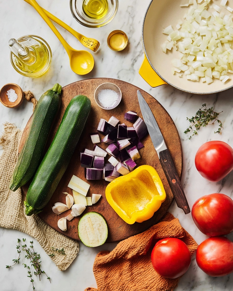 A wooden board sits on a white marbled surface, holding a variety of fresh vegetables and kitchen tools. There are two whole green zucchinis on the left and small cut pieces of purple eggplant scattered near a peeled, sliced half eggplant. A bright yellow bell pepper rests near the bottom center, with several garlic cloves nearby. To the right on the board is a knife with a wooden handle. Next to the board on the right is a white bowl filled with finely chopped white onions. Three vine-ripened red tomatoes are placed below the bowl. Above the board is a white pan with a yellow handle and a brown grip, partially covered by a textured orange cloth. Near the top left are yellow measuring spoons, a small glass bottle of oil, a small clear bowl with white salt, and some fresh thyme sprigs. Photo taken with an iphone --ar 4:5 --v 7