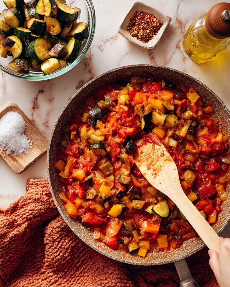 The image shows a close-up of a large, round pan filled with a cooked mix of vegetables in a rich red tomato sauce. The sauce has visible pieces of onion and soft yellow and red peppers, with a slightly chunky and textured look. A woman's hand holds a wooden spatula with a flat, beige silicone head, lifting cooked pieces of green zucchini and browned eggplant from a clear glass bowl on the left side, and adding them to the pan. Around the pan, there is a small white bowl with coarse salt, a square glass jar filled with red pepper flakes, a clear bottle of yellow oil, and a wooden pepper grinder, all placed on a white marbled surface. A textured, burnt orange cloth is partially visible under the pan. photo taken with an iphone --ar 4:5 --v 7