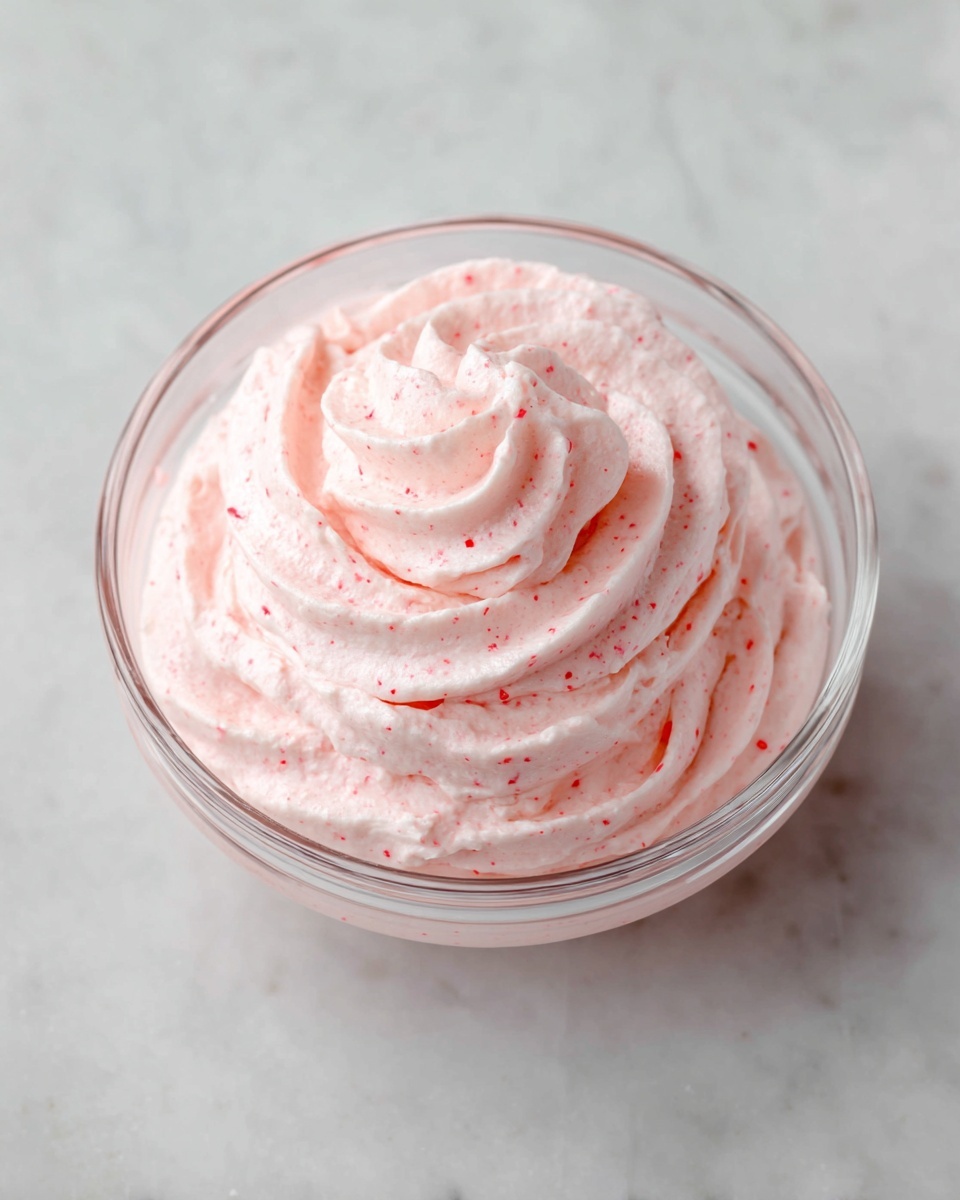 The image shows a white square baking dish filled with nine cinnamon rolls, each topped with a swirl of smooth, pink icing. The rolls are golden brown at the edges and sit closely packed, with some topped with fresh, halved strawberries that add bright red accents and green leaves. Around the dish, on a white marbled surface, there is a glass bowl filled with whole strawberries, a stack of plain white plates, two silver spoons, a small white plate with two stacked forks, and a clear bowl of the same pink icing with a silver spoon inside. The scene is bright and inviting, with soft natural light enhancing the creamy textures and rich colors. photo taken with an iphone --ar 4:5 --v 7